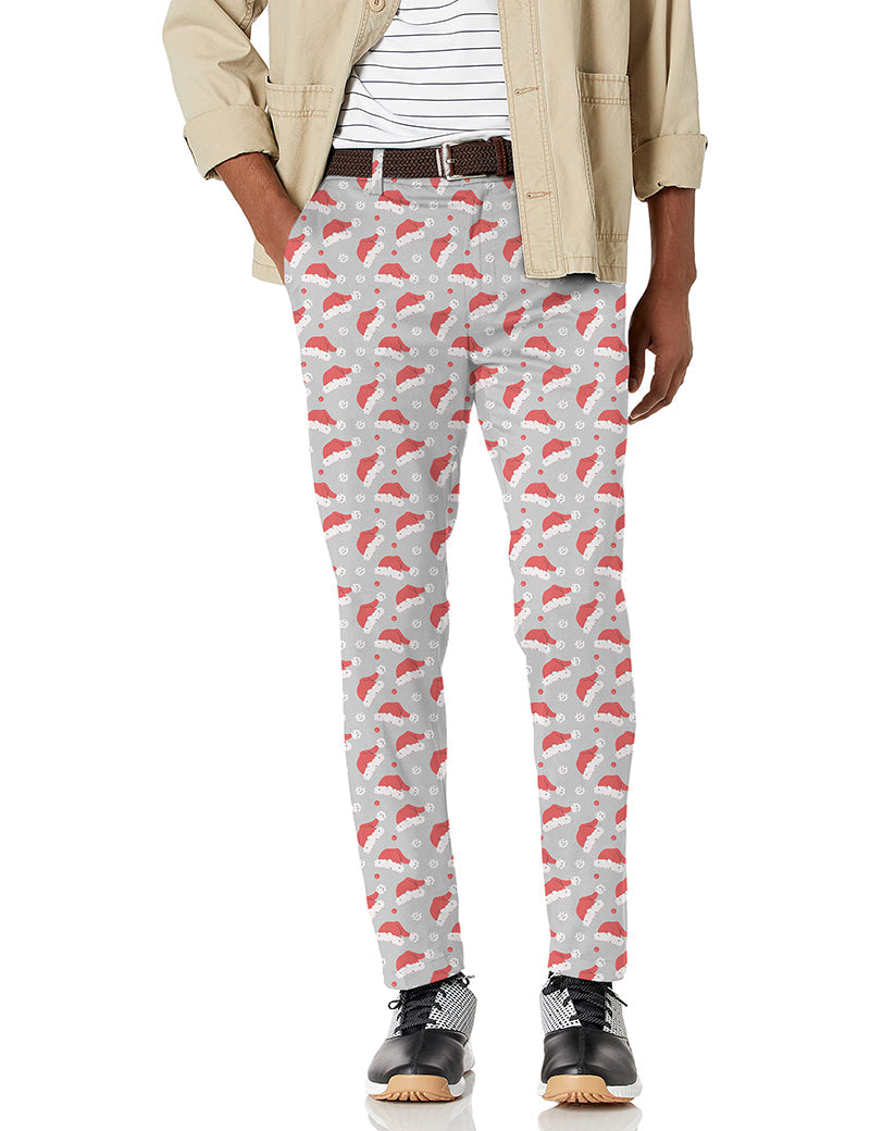 Men's Christmas pompom hat themed stretch golf pants with moisture-wicking fabric and classic pockets