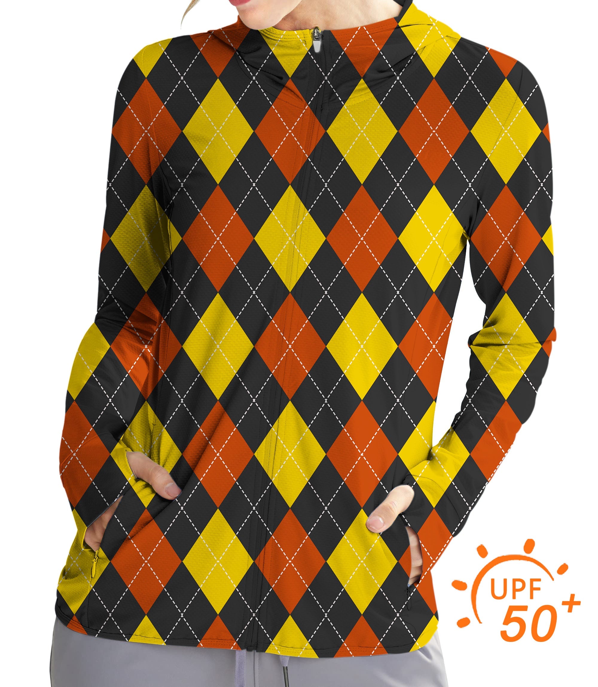 Women's outdoor red argyle golf sun protection slim fit zip hoodie with UPF 50+ fabric and thumb holes