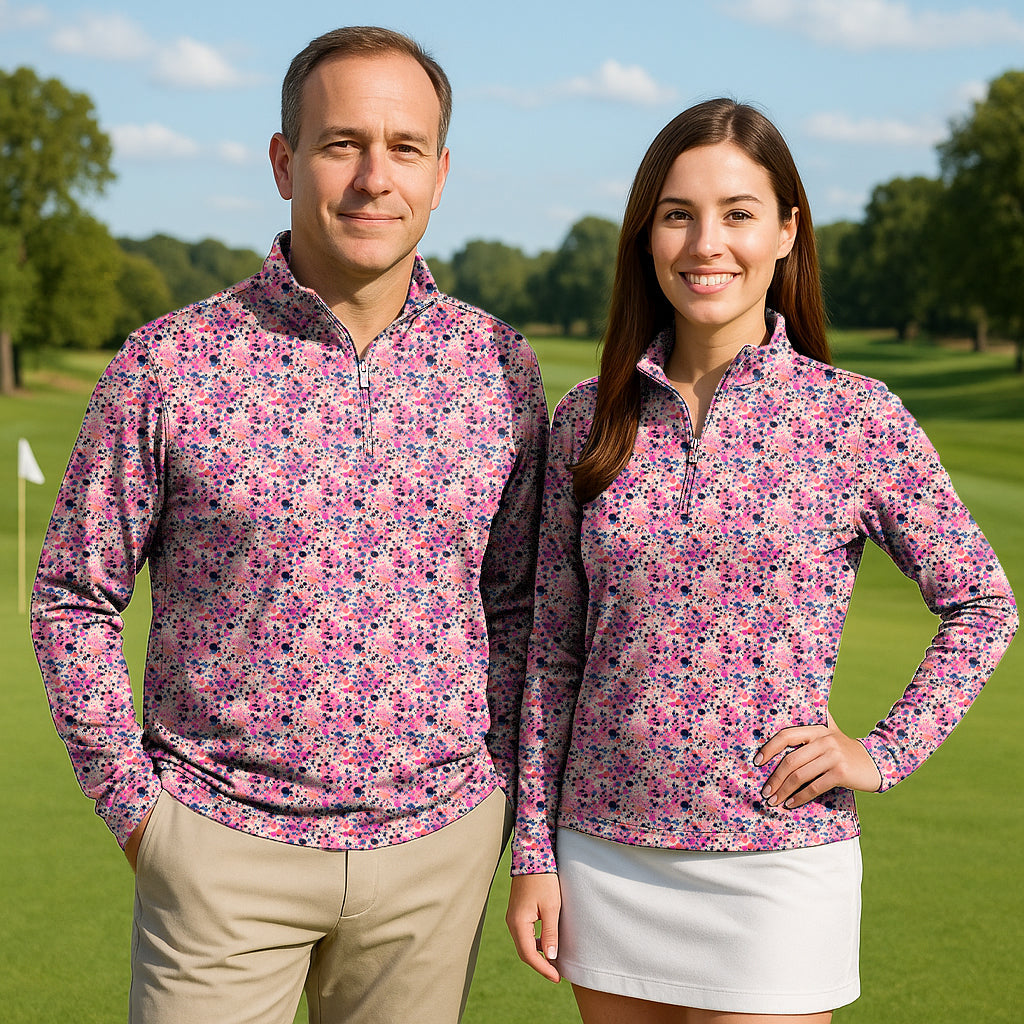 Fuchsia Fusion Couple Golf active 3/4 zip top with long sleeves in floral pattern, lightweight, sun-safe fabric for outdoor sports