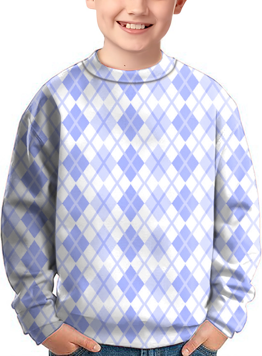 Kids crewneck pullover with argyle purple grid pattern sweater