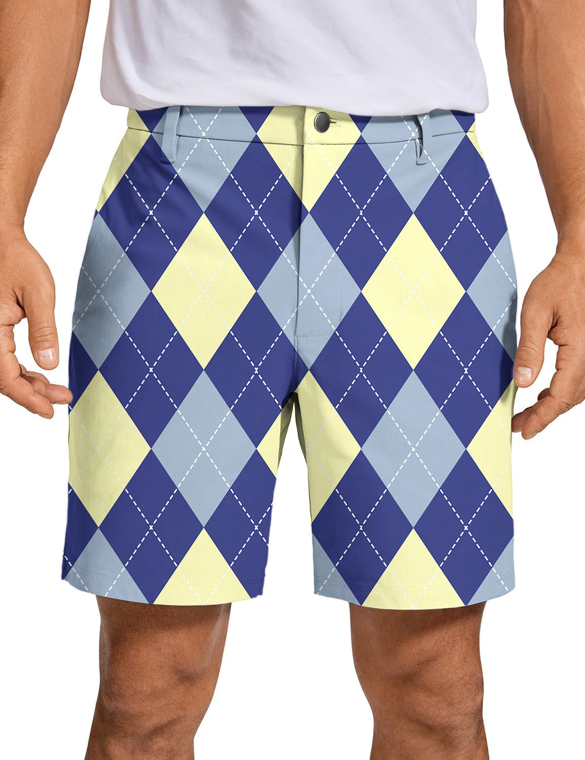 Men's blue argyle patterned golf shorts with quick-dry, lightweight fabric and two-way stretch for comfort and performance