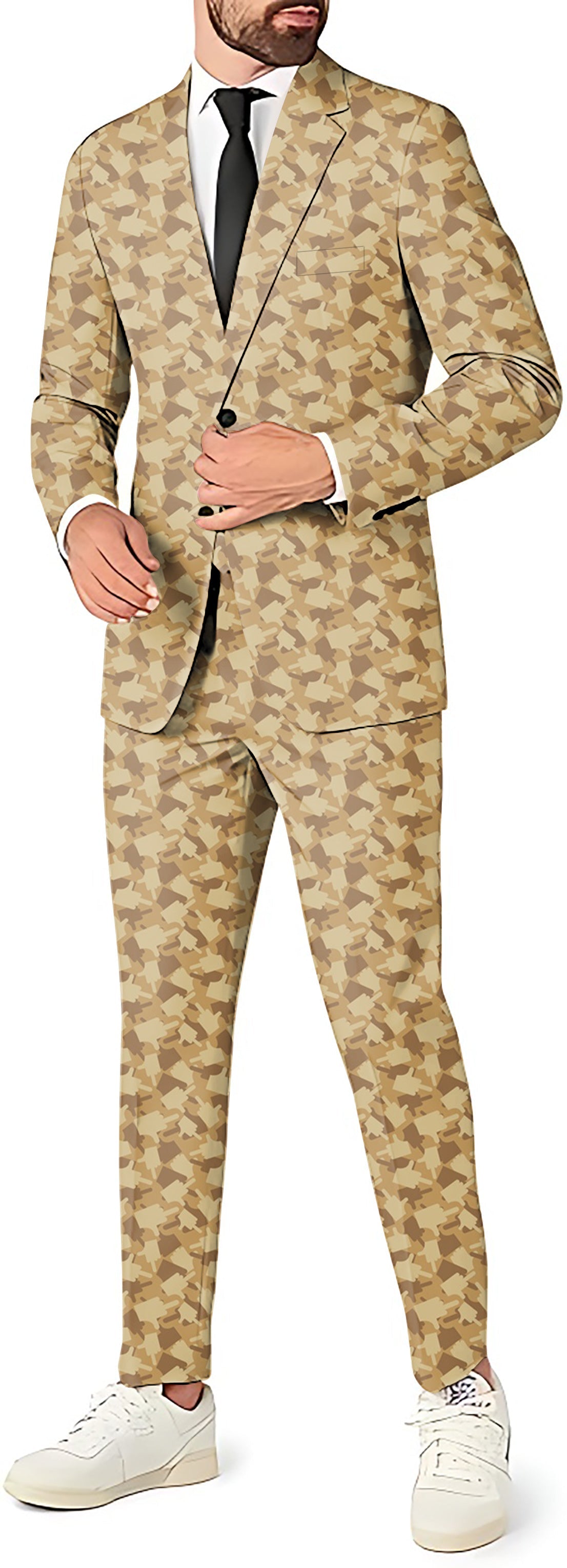 Middle Finger Funny Men's party costume suit set with blazer, pants, and vest in patterned beige design