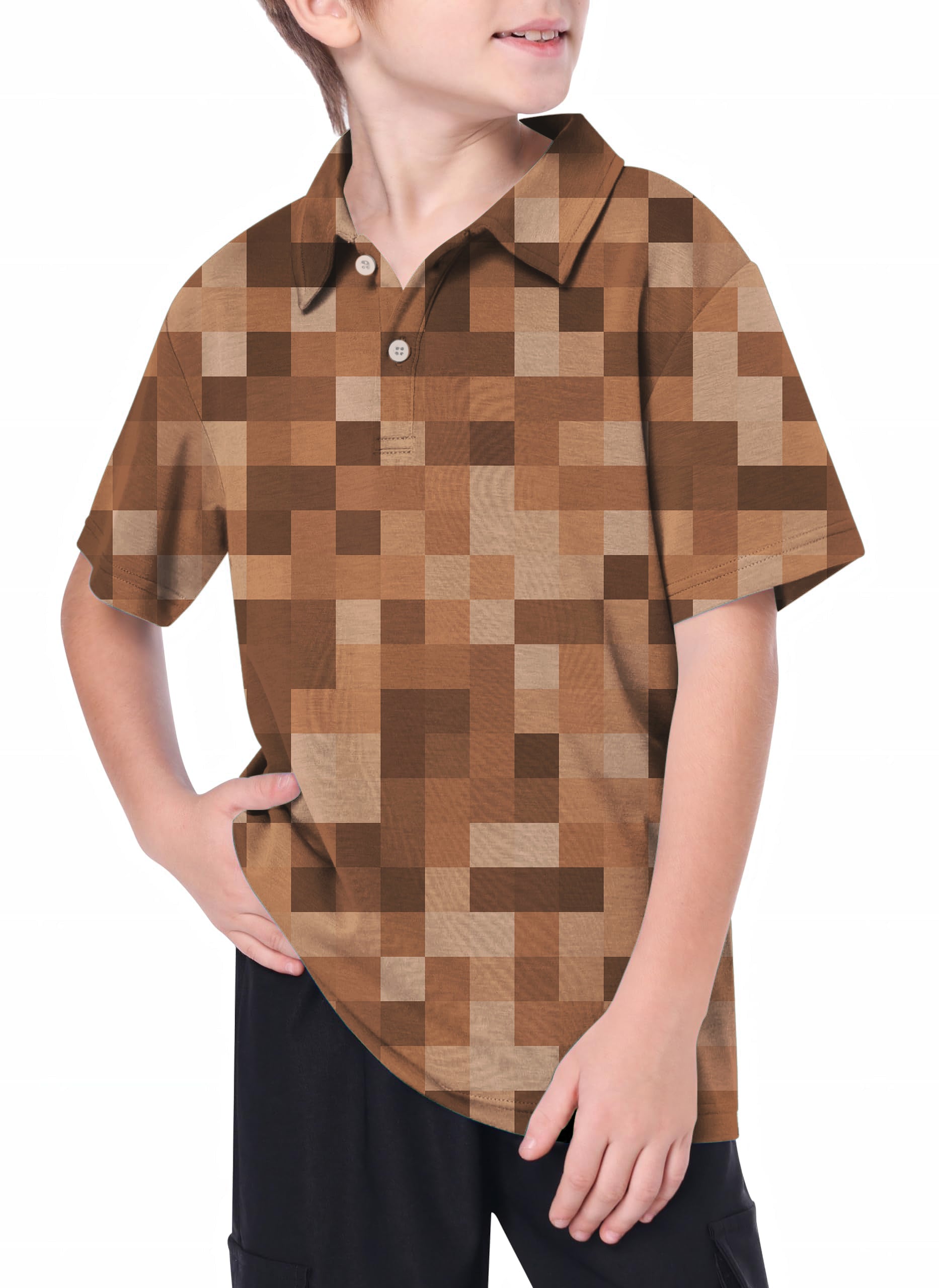 Youth golf polo for kids in brown pixel pattern with 4-way stretch and moisture-wicking fabric