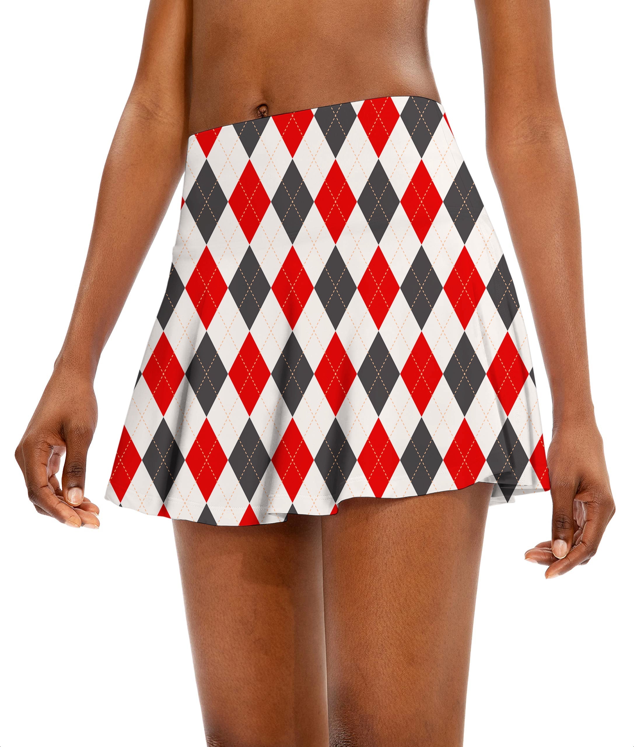 Women’s athletic golf skorts in Argyle red black pattern with flared design