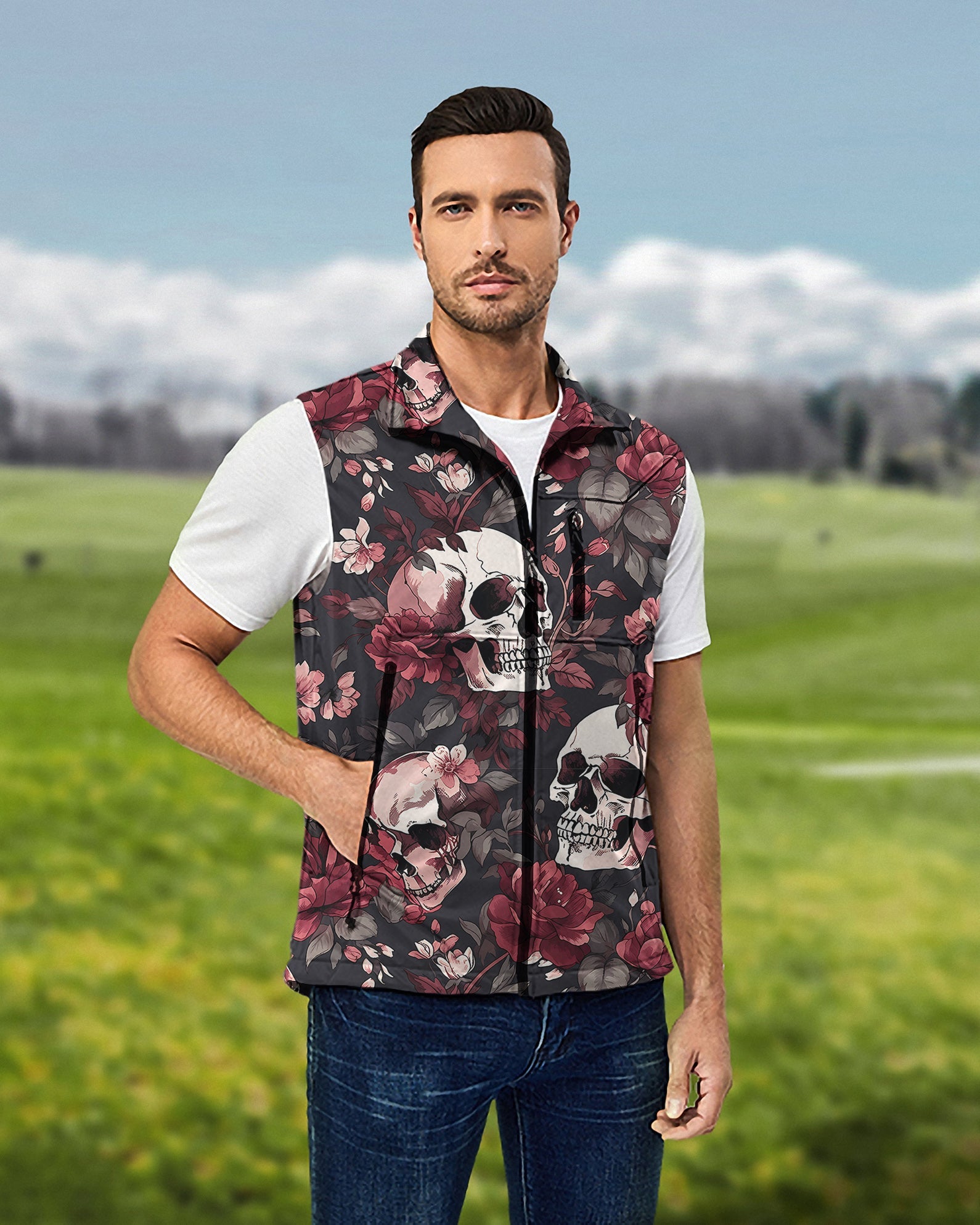 Men's Halloween floral skull softshell vest lightweight sleeveless golf jacket windproof waterproof