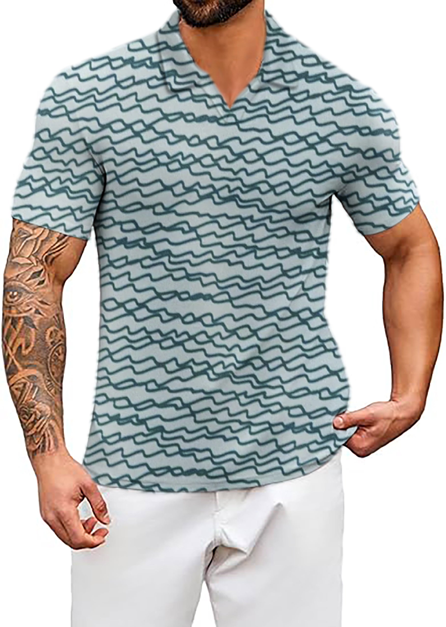 Men's Coconut Palm Green V neck golf polo shirt with irregular wavy lines and classic fit