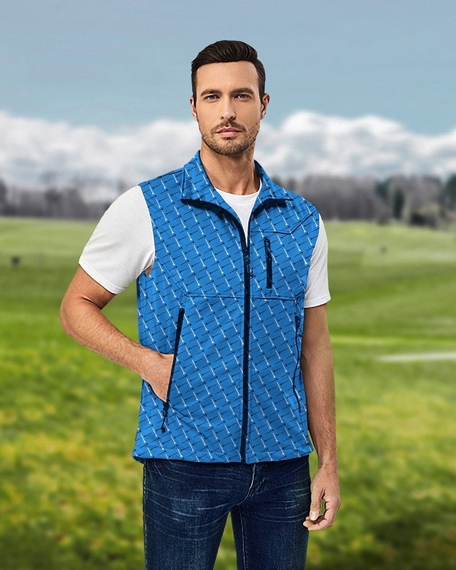 Men's custom lightweight softshell sleeveless vest in blue for golf, windproof and waterproof jacket