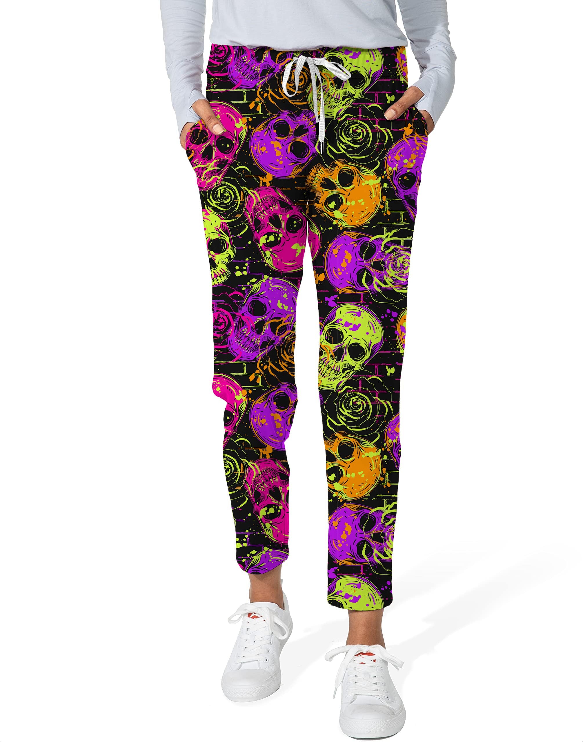 Halloween Colors Skull women's 7/8 stretch ankle golf pants with vibrant skull pattern