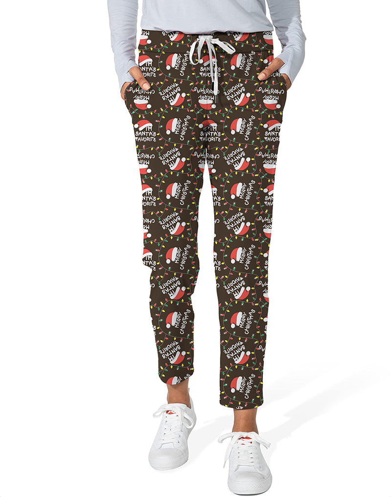 Women's 7/8 stretch ankle pants with Christmas hat print, nylon-spandex fabric, elastic waistband, and side pockets for golf and casual wear