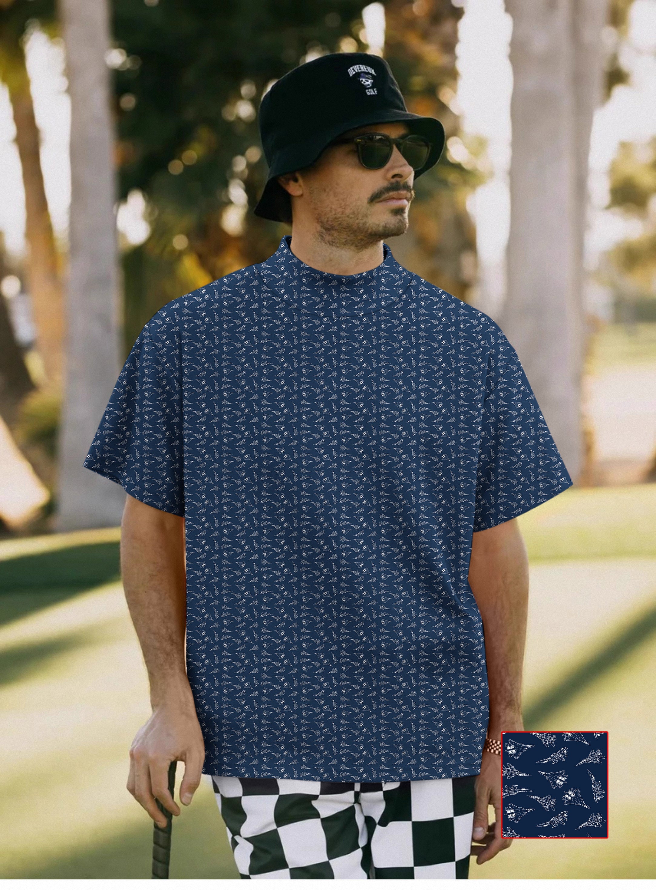 Men's Fighter Pullover navy patterned short sleeve T-shirt with high neck worn by man outdoors