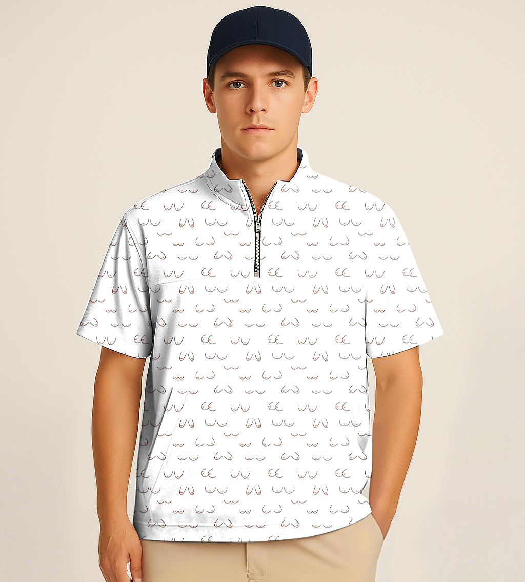 Man wearing half zipper turtleneck golf shirt with sex embroidery pattern and navy cap