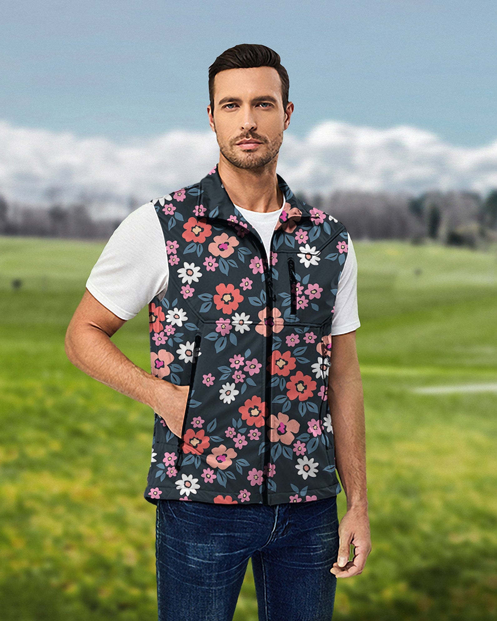 Men's Vintage Floral Lightweight Softshell Vest Sleeveless Jacket