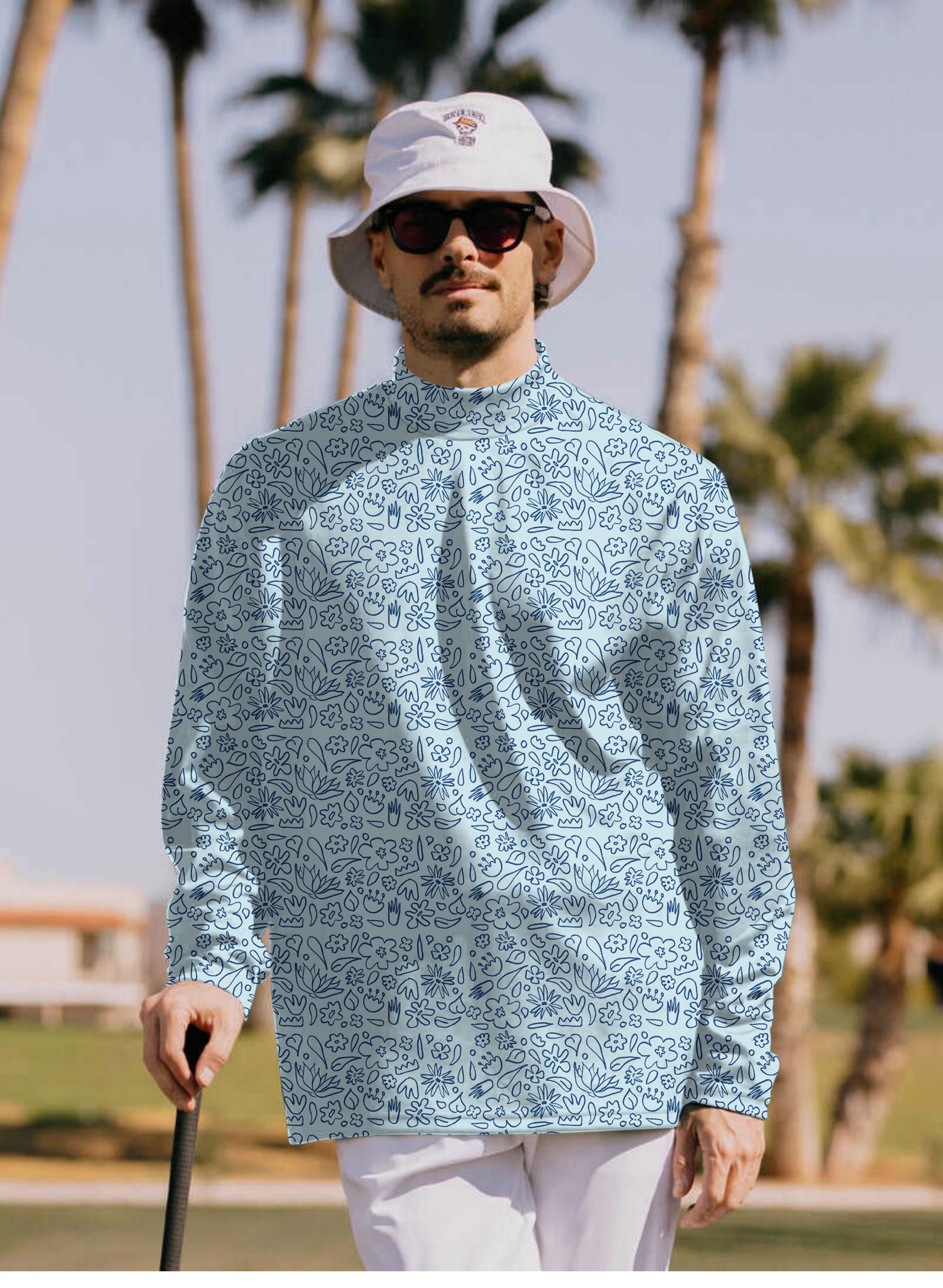 Men's simple blue flower drawing pullover high neck long sleeve t-shirt worn outdoors