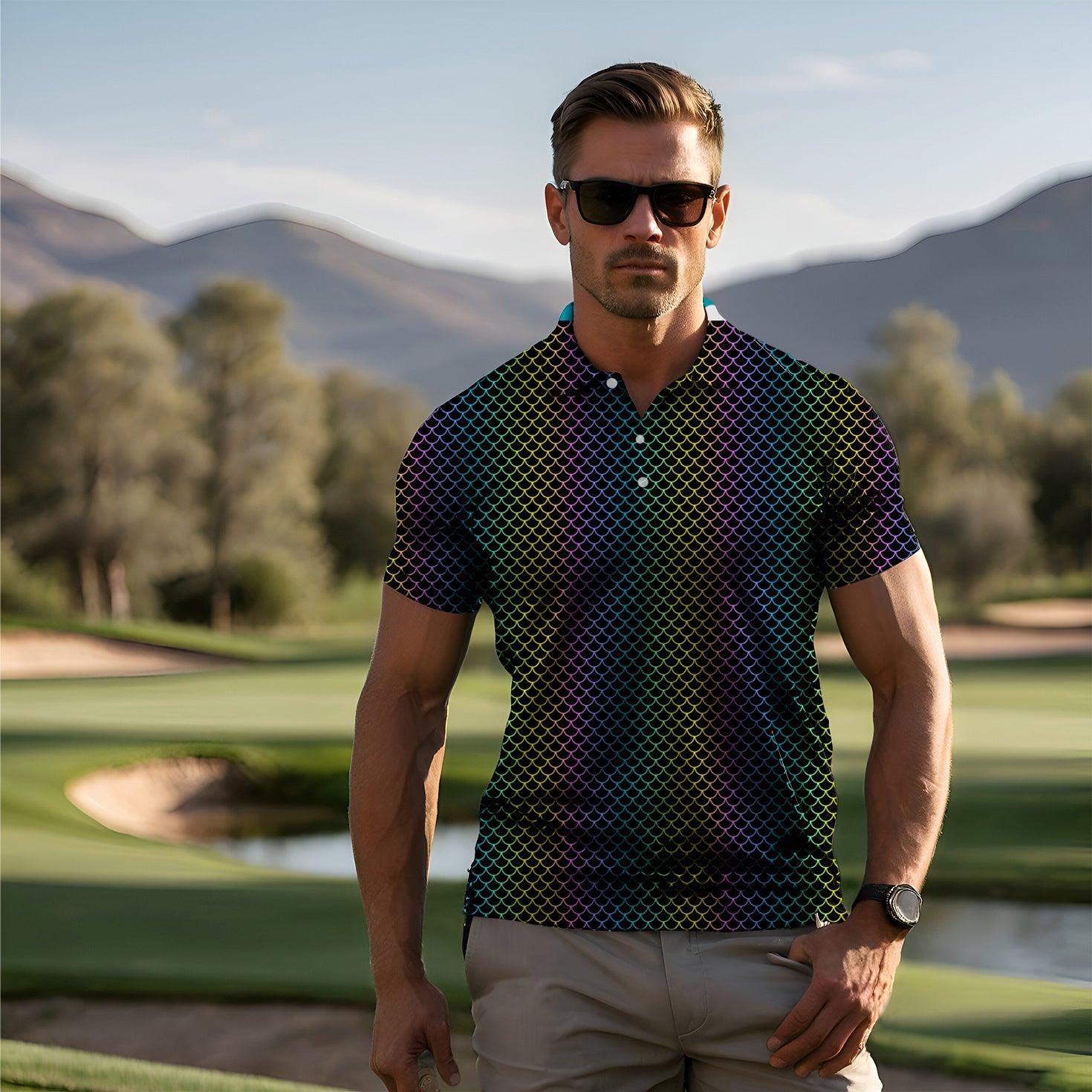 Fish scale gradient color Men's golf polo
