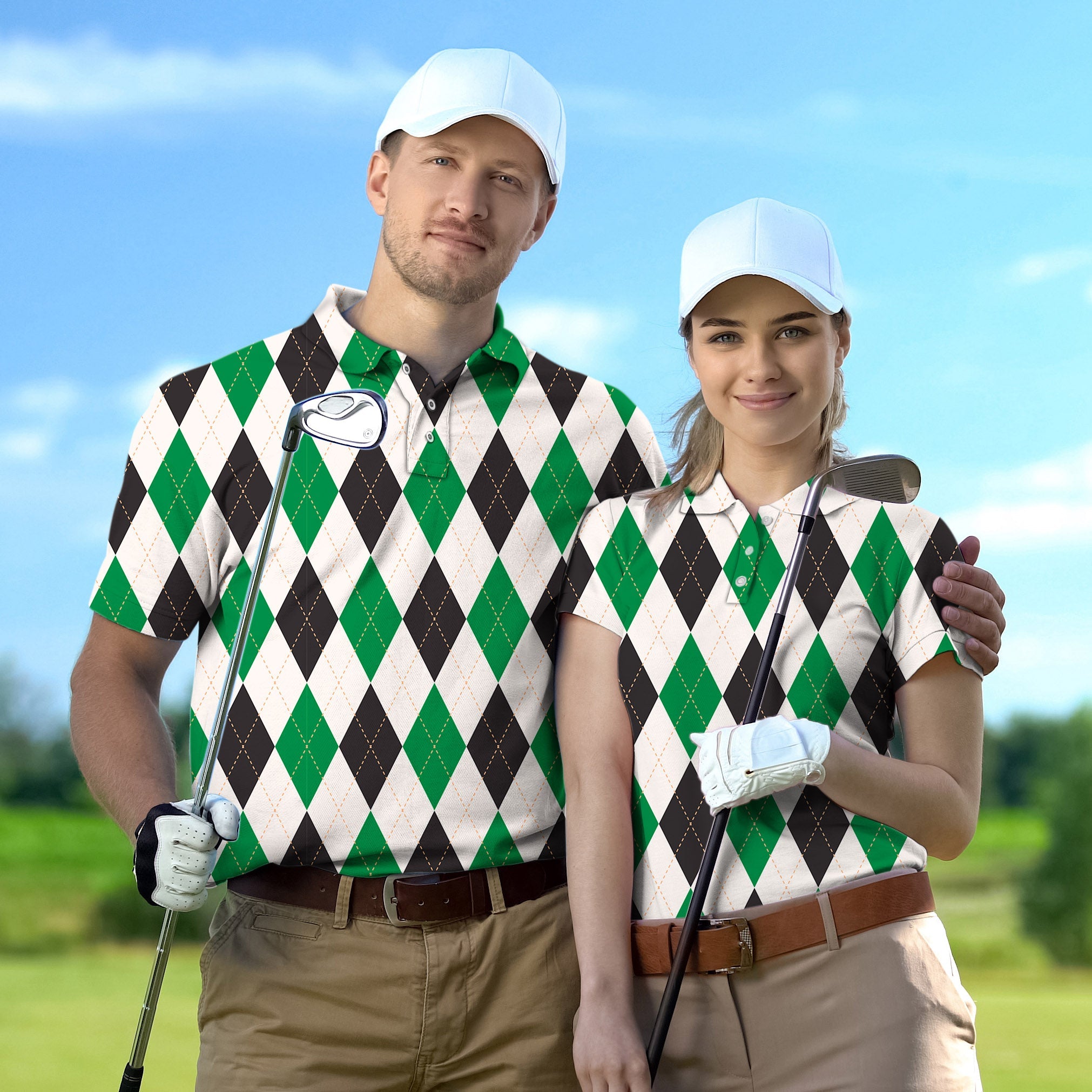 couple wearing green and black Argyle grid set golf shirts with white caps on golf course