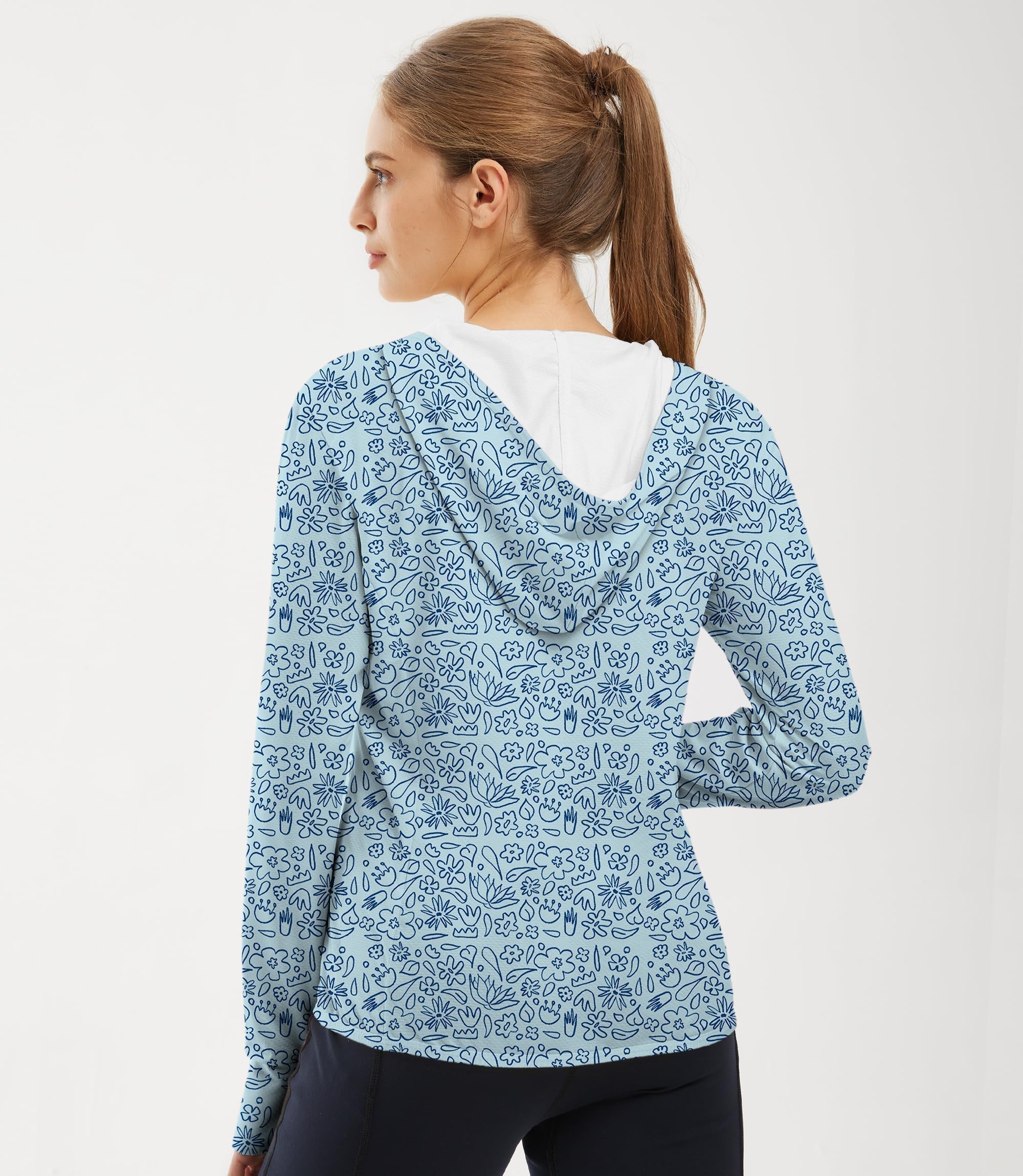 Women's outdoor sun protection slim fit zip hoodie with blue flower drawing and thumb holes