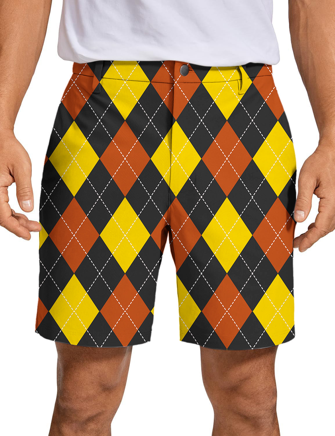 Men's red Argyle patterned premium golf shorts with breathable, quick-dry fabric and two-way stretch