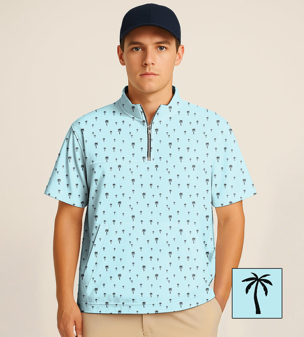 Light blue half zipper turtleneck golf shirt with palm tree embroidery and short sleeves