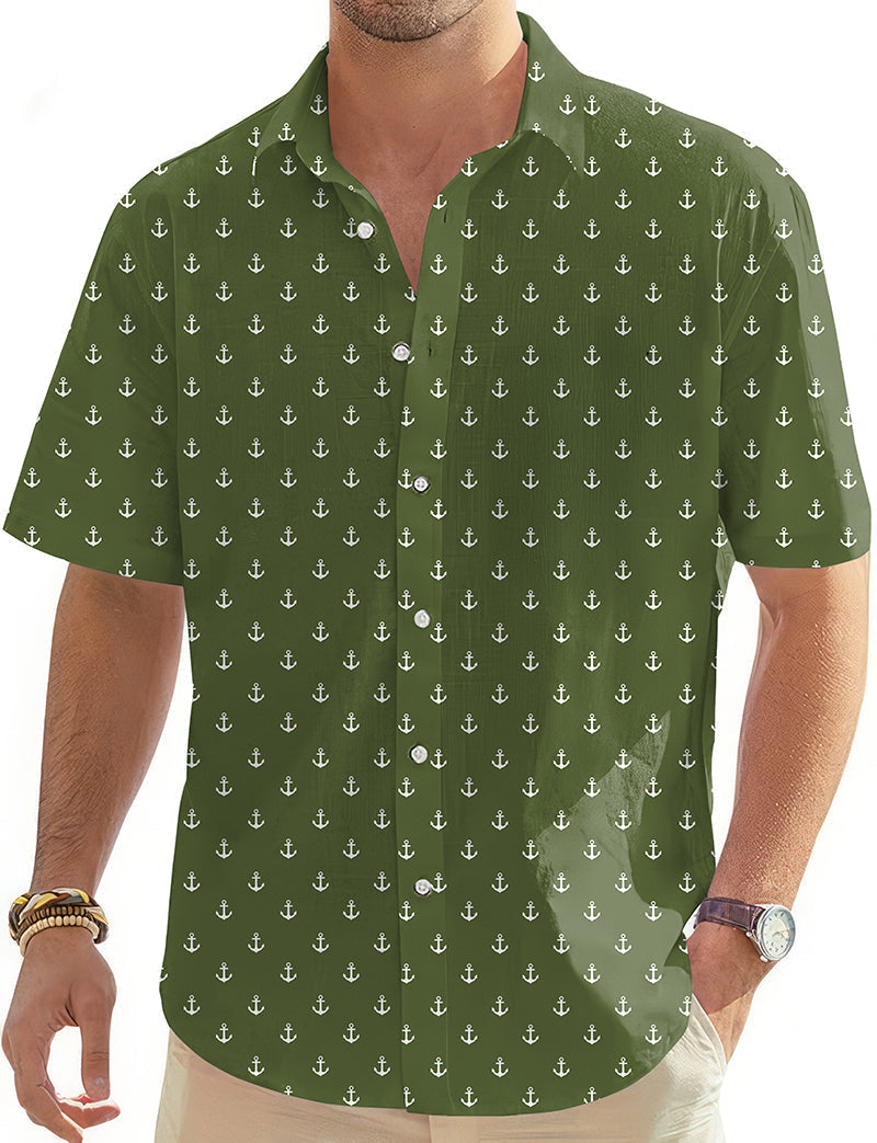 Men's olive green anchor print Hawaiian golf button down shirt with short sleeves
