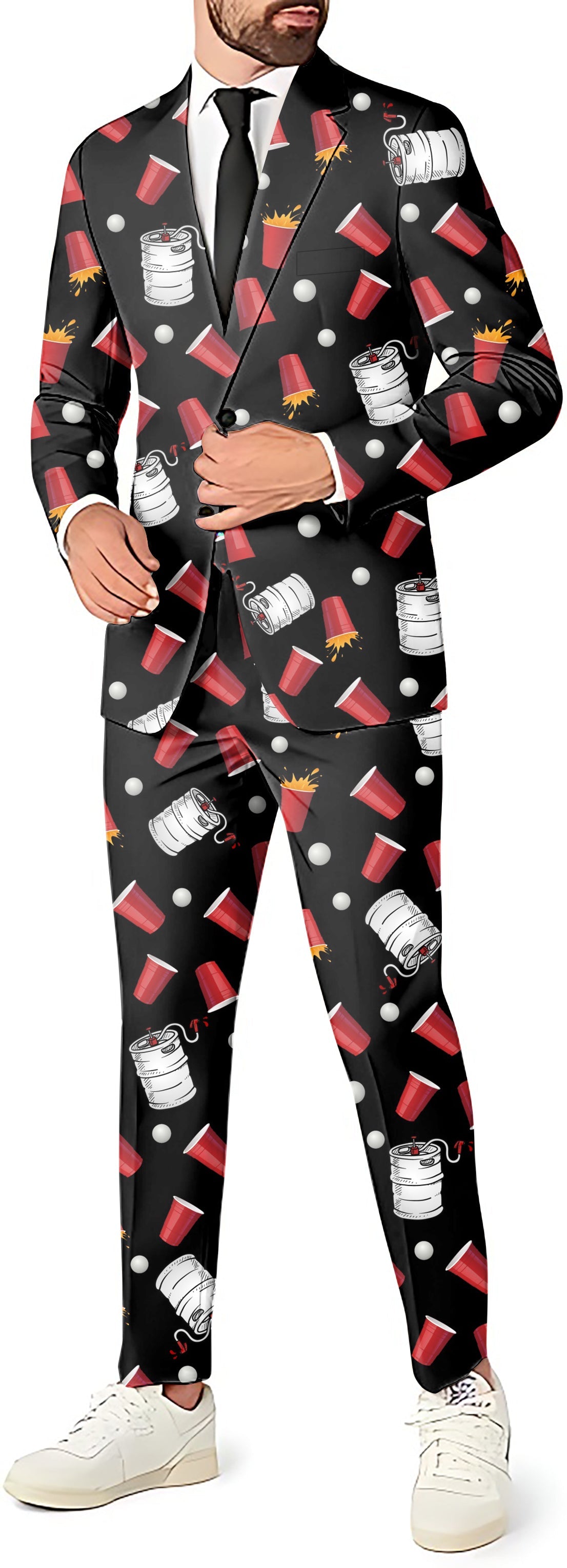 Kegs & Cups Men's party suit set with blazer, pants, and vest featuring beer and cup pattern