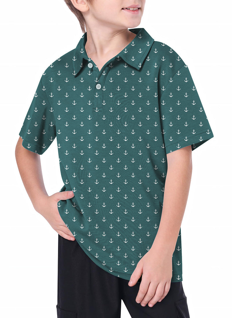 Youth boy wearing lime anchor print golf polo with 4-way stretch and moisture-wicking fabric