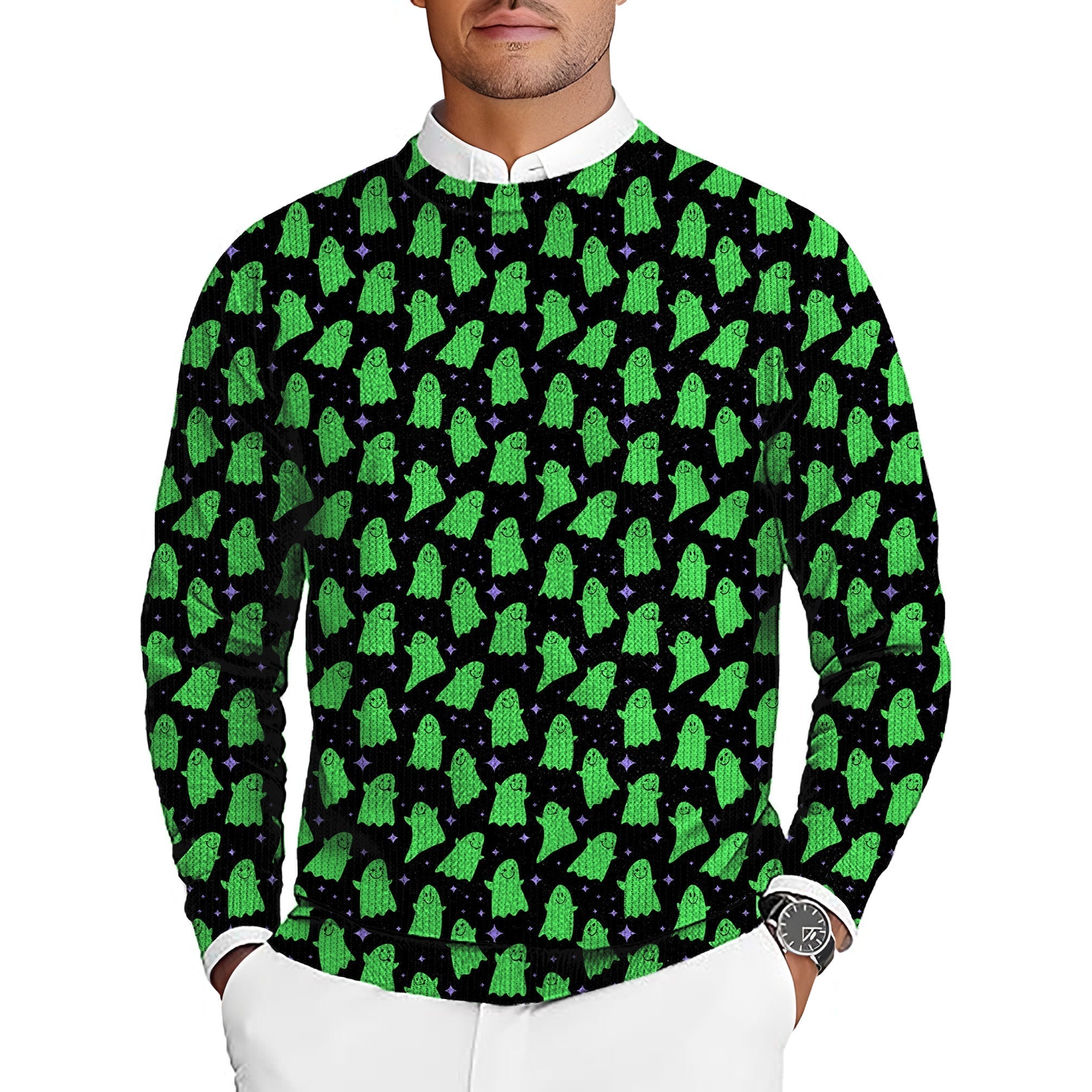 Men's Halloween green ghost golf crewneck pullover sweater with spooky pattern