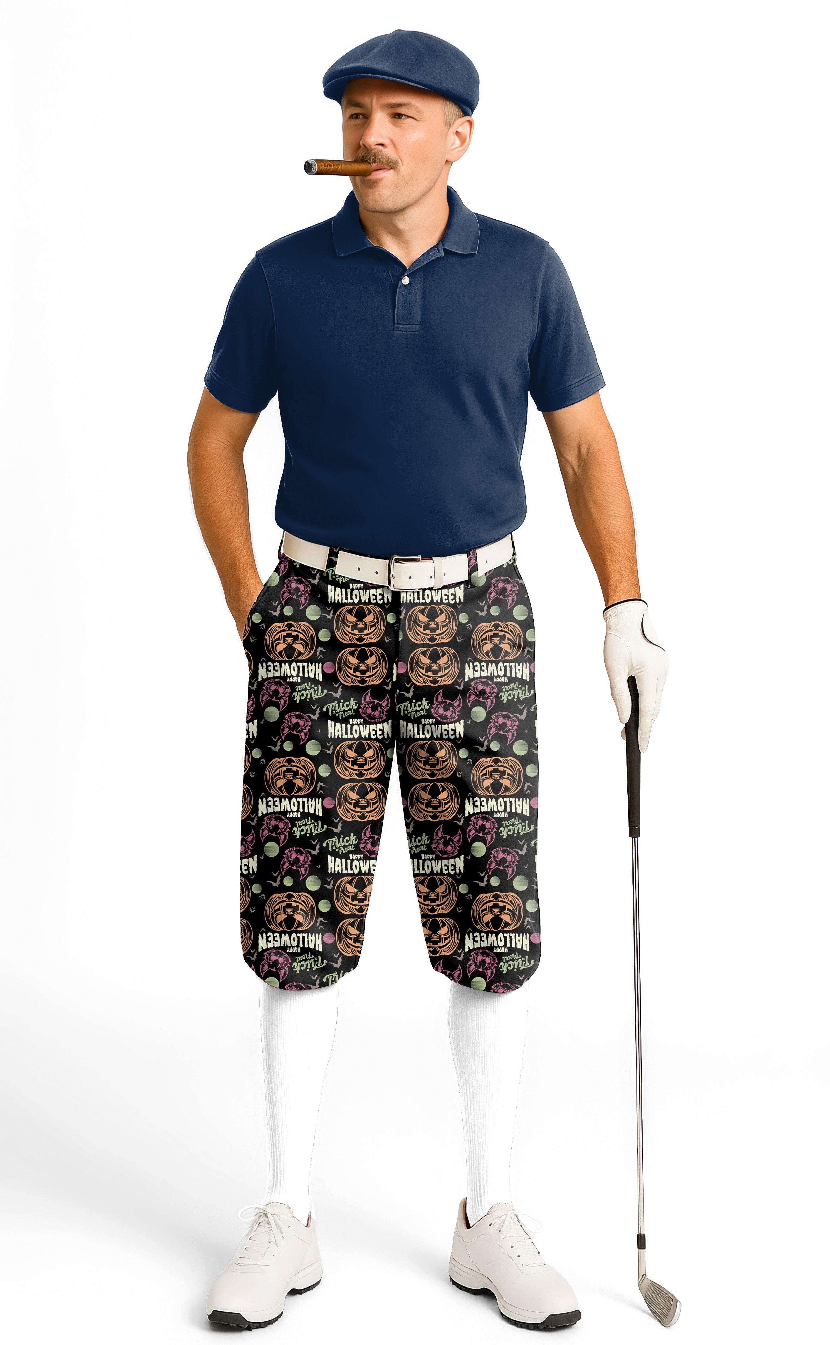 Men's golf knickers with Happy Halloween Colorful Pumpkin design, lightweight and breathable performance fabric.
