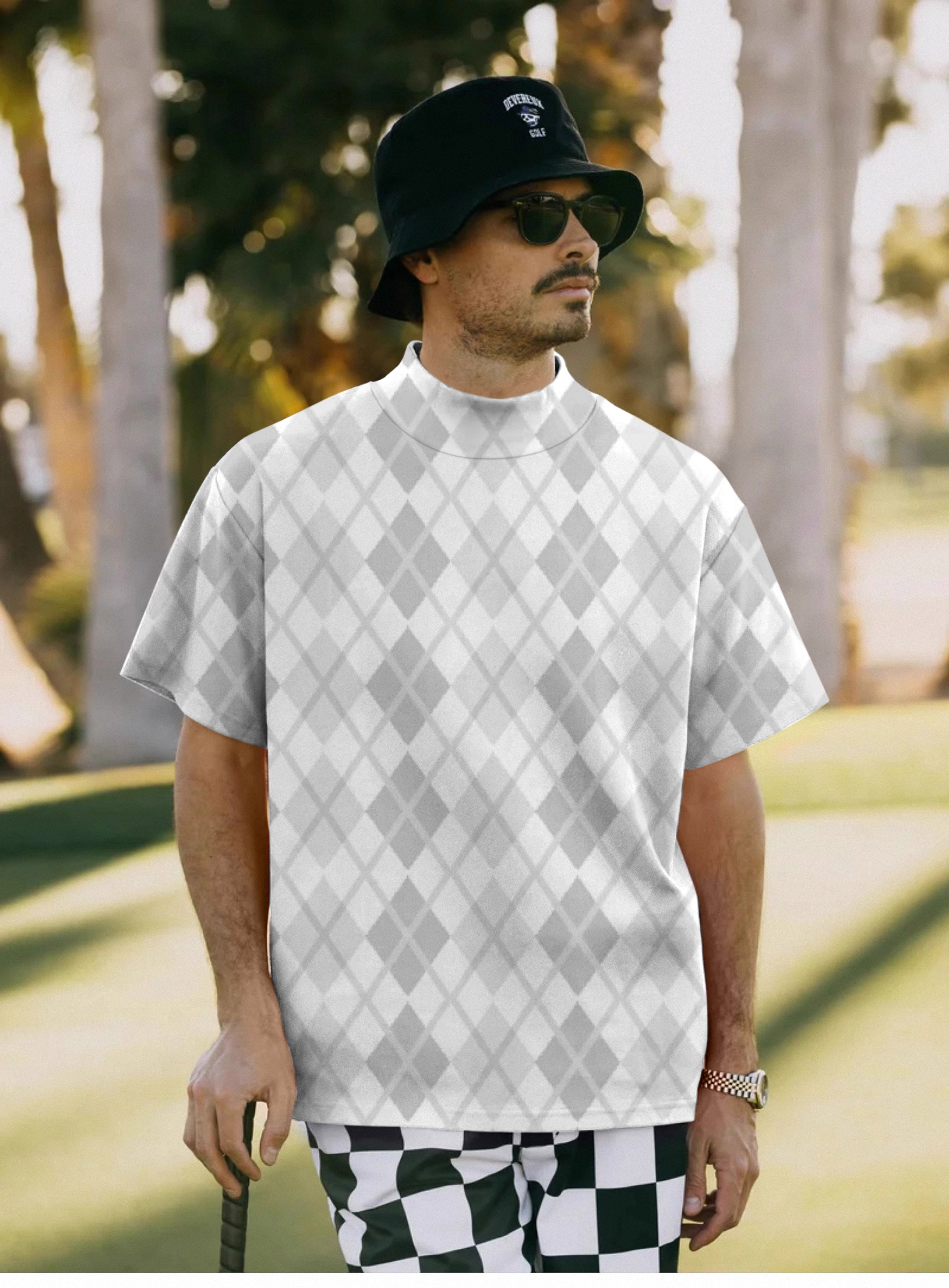 Men's Argyle grey grid Pullover High neck Long/Short sleeve T-Shirt