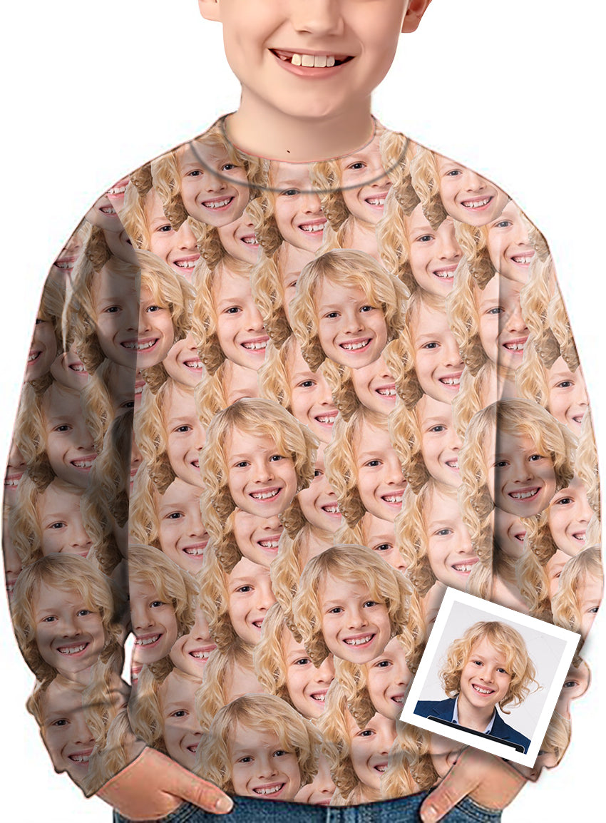 Kids custom Faces Crewneck Pullover Ugly Sweater with all faces photo printed