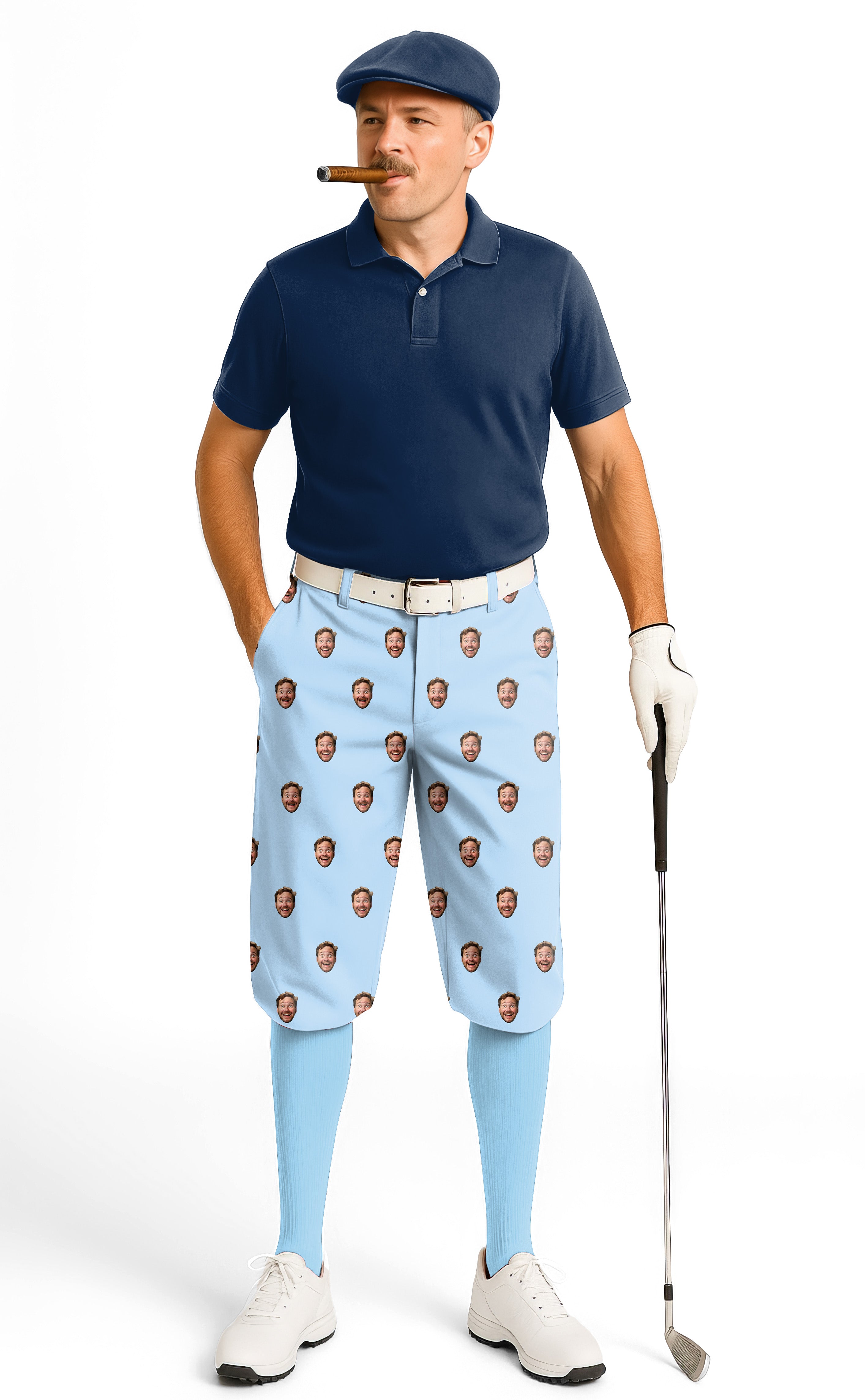 Custom Photo Funny Face men's golf knickers with ankle cuffs, lightweight breathable fabric, and adjustable Velcro design.