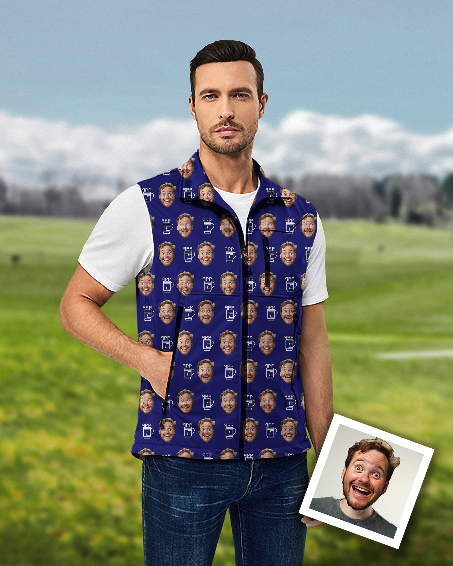 Custom Photo Funny Face Men's Lightweight Softshell Vest Sleeveless Jacket for Golf Windproof Waterproof Gift