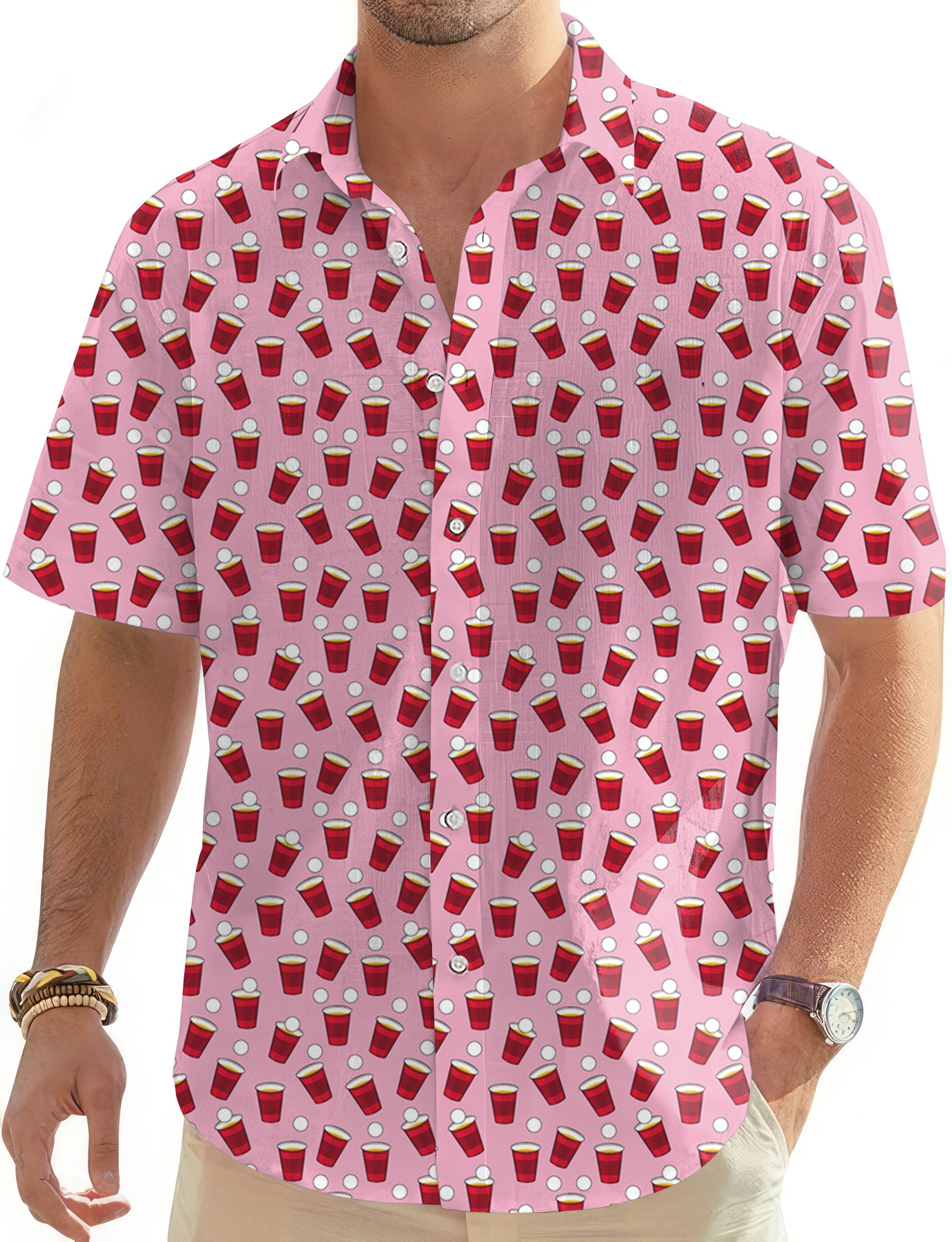 Men's RED SOLO CUP Hawaiian button-down golf shirt with short sleeves and classic collar