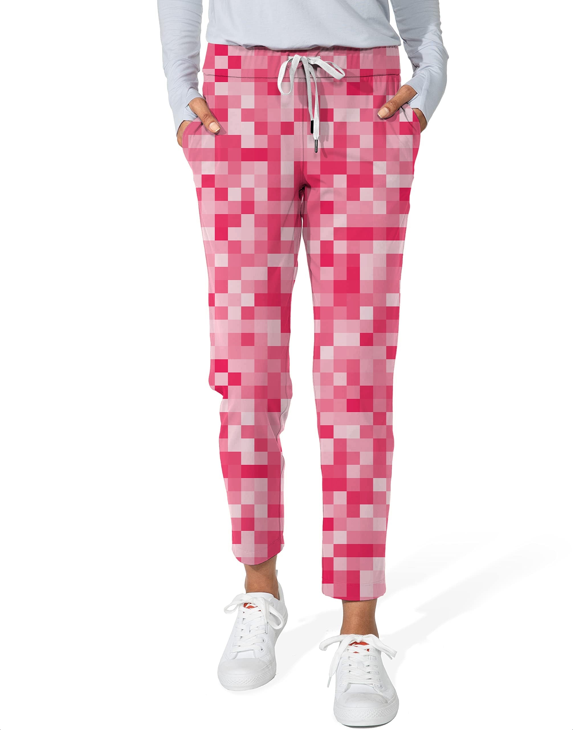 Light red pixel pattern women's 7/8 stretch ankle golf pants with drawstring waistband