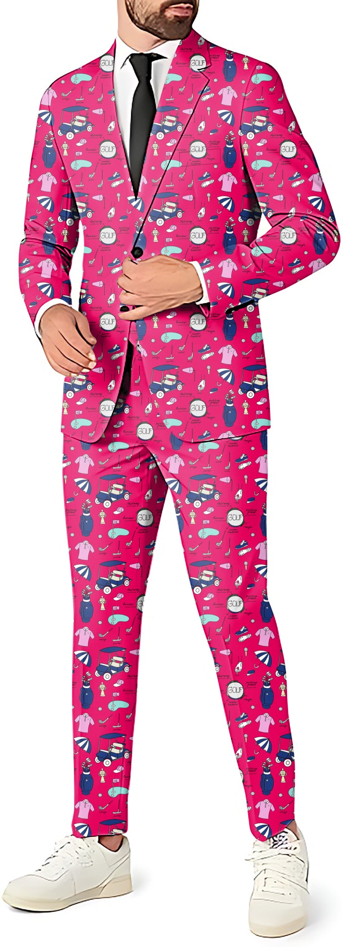 Cart CruisingP Men's pink themed party suit with blazer, vest, and pants set