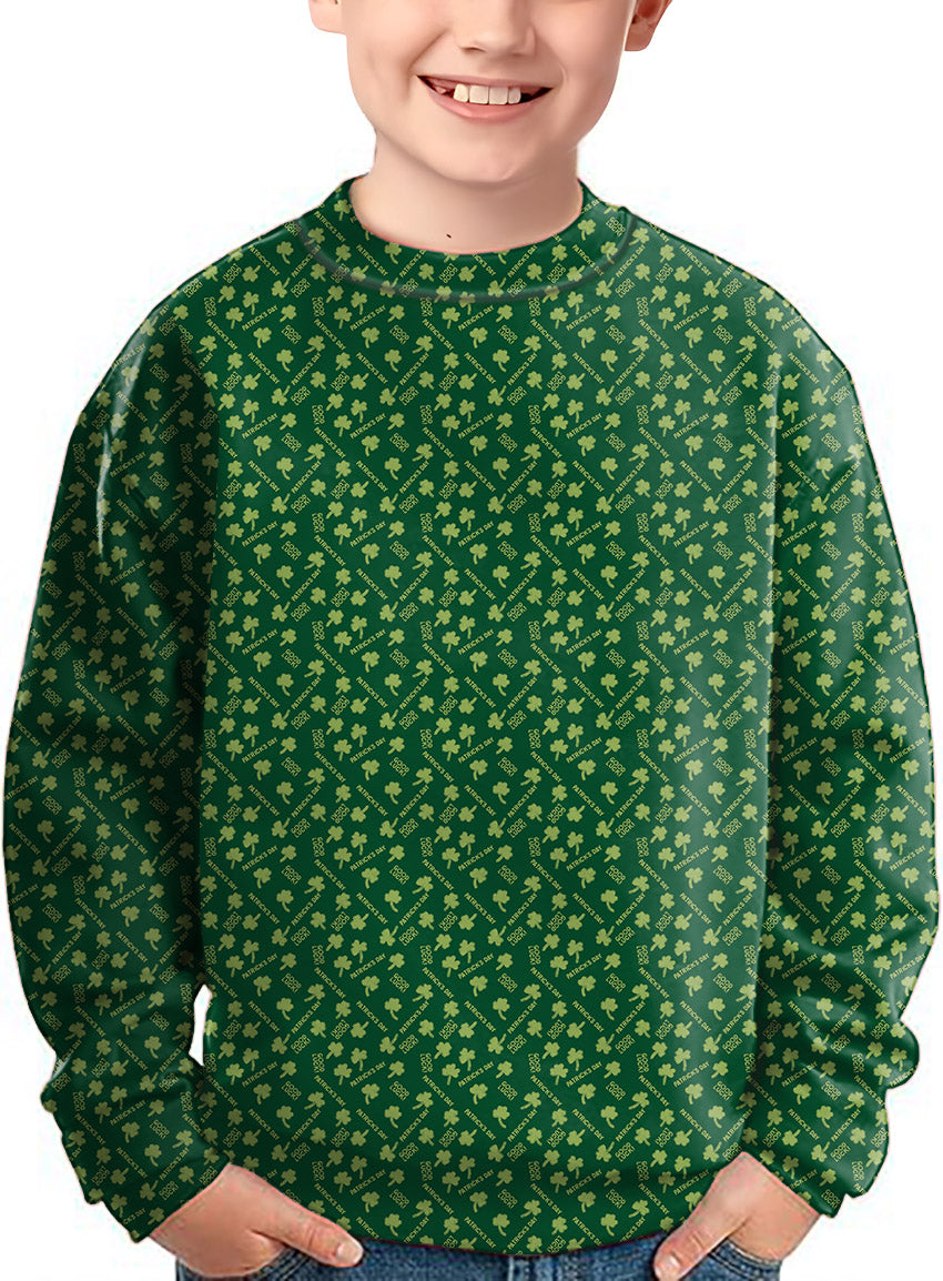Kids green crewneck pullover with leaf clover pattern for St. Patrick's Day