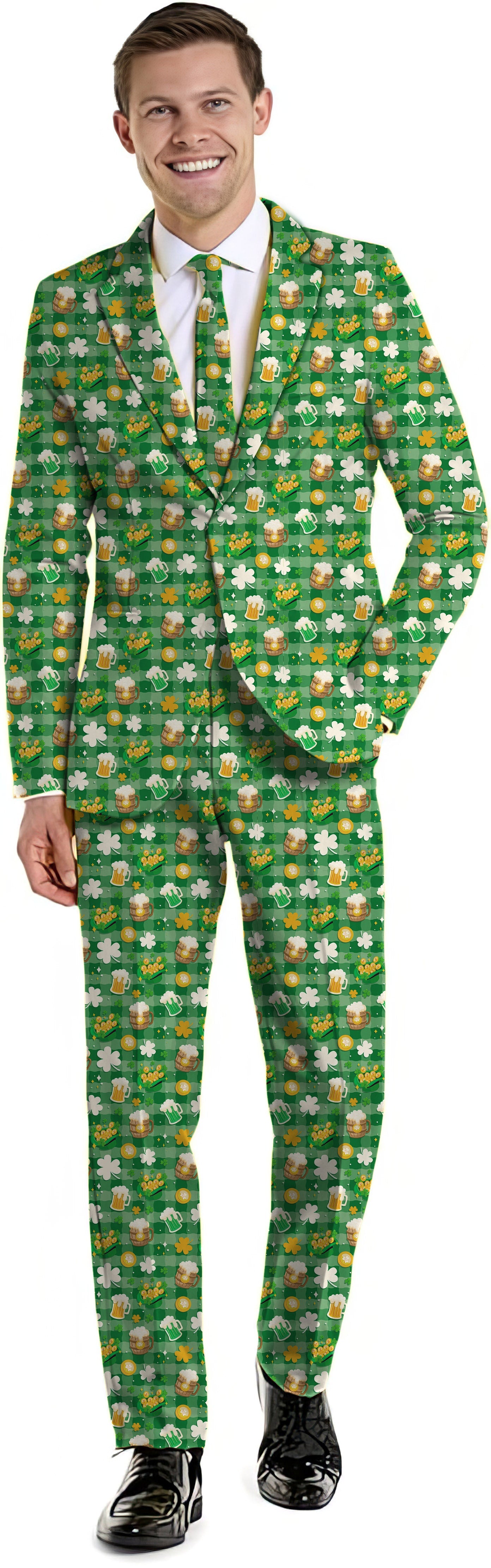 Men's St. Patrick's Day suit with green beer and clover leaf pattern including blazer, pants, and vest
