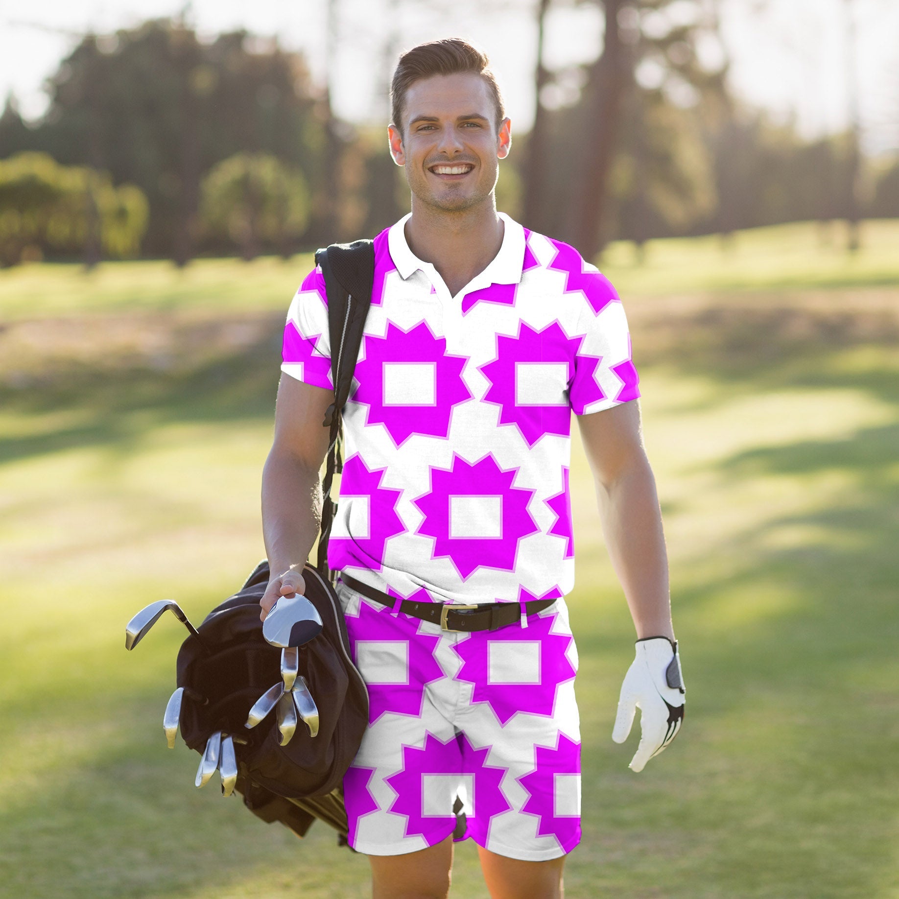 Men's Golf Set polo and shorts in limited edition explosion geometry design, breathable and stretchy golf outfit with UPF 40+ protection