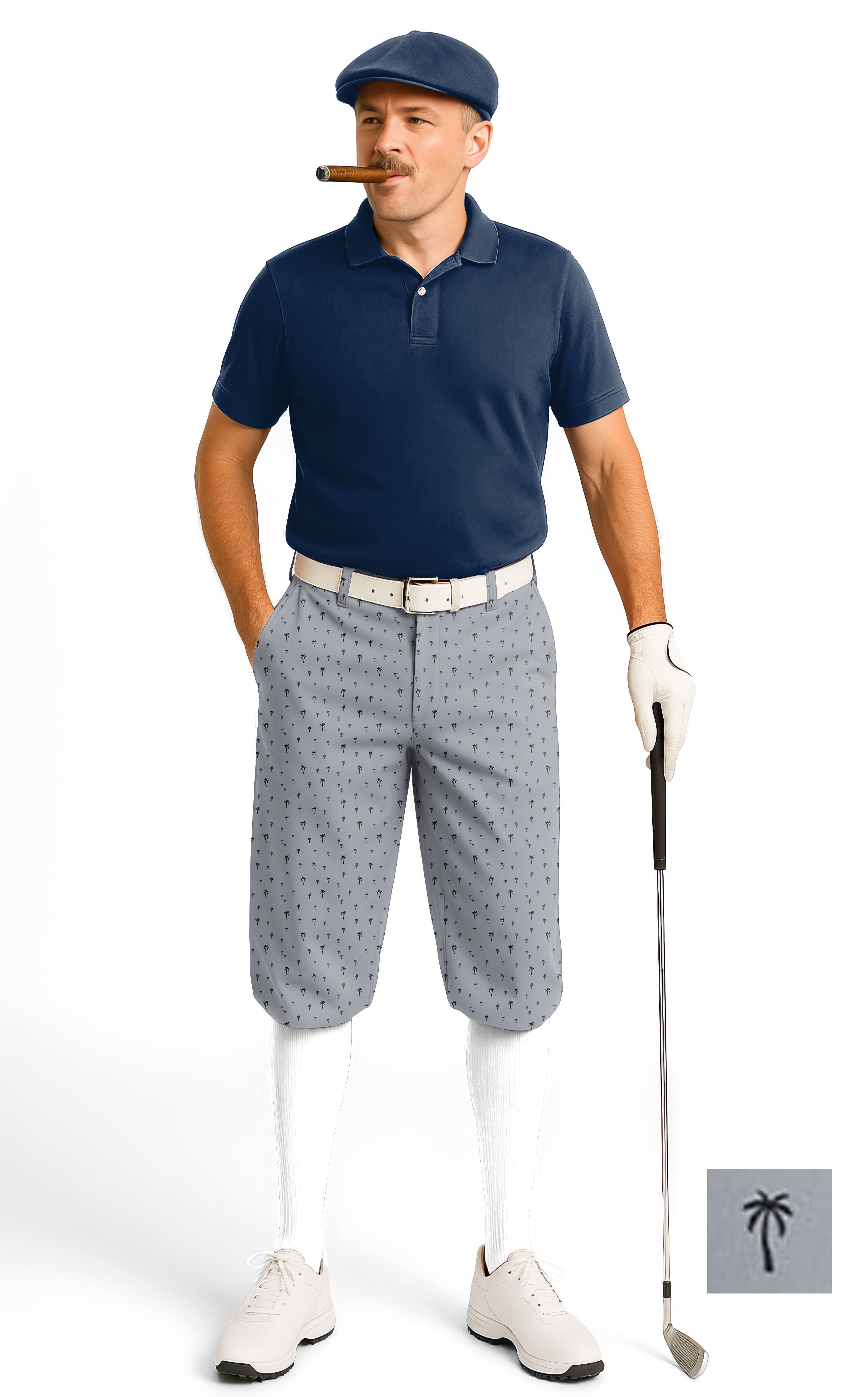 Male golfer wearing Coconut Palm Custom men's golf knickers with ankle cuffs, navy polo, white socks, and golf glove holding club.