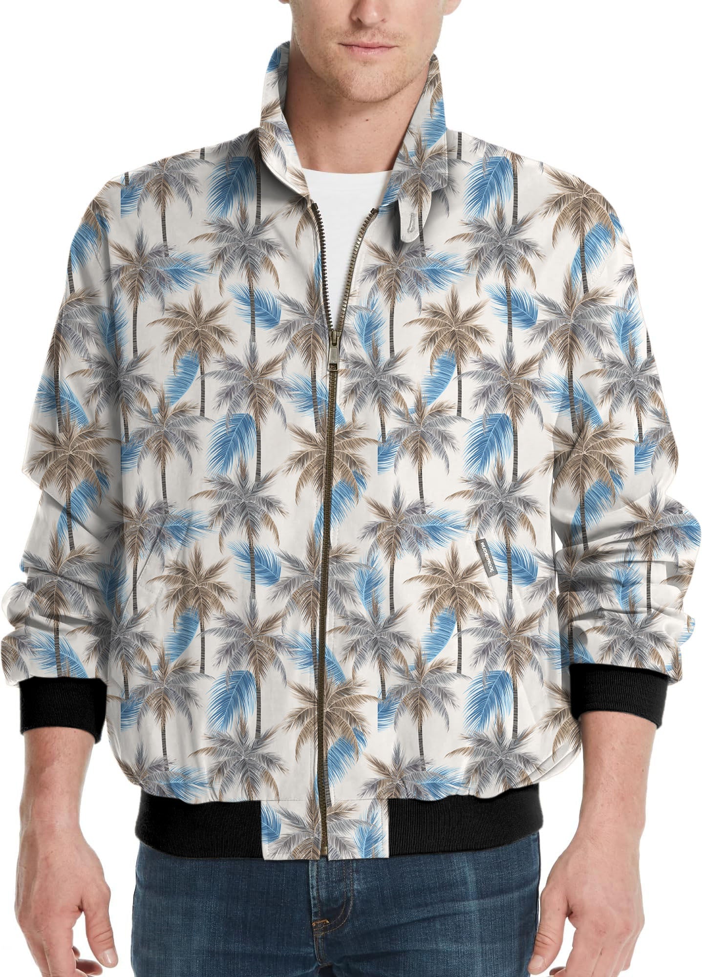 Palm Haven men's golf windbreaker jacket with palm tree print and zipper front