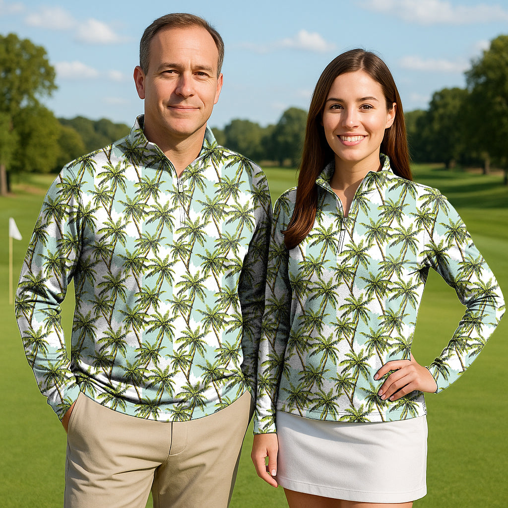 Palm tree Couple Golf active 3/4 zip tops with long sleeves, lightweight and sun-safe fabric for golf or beach walks