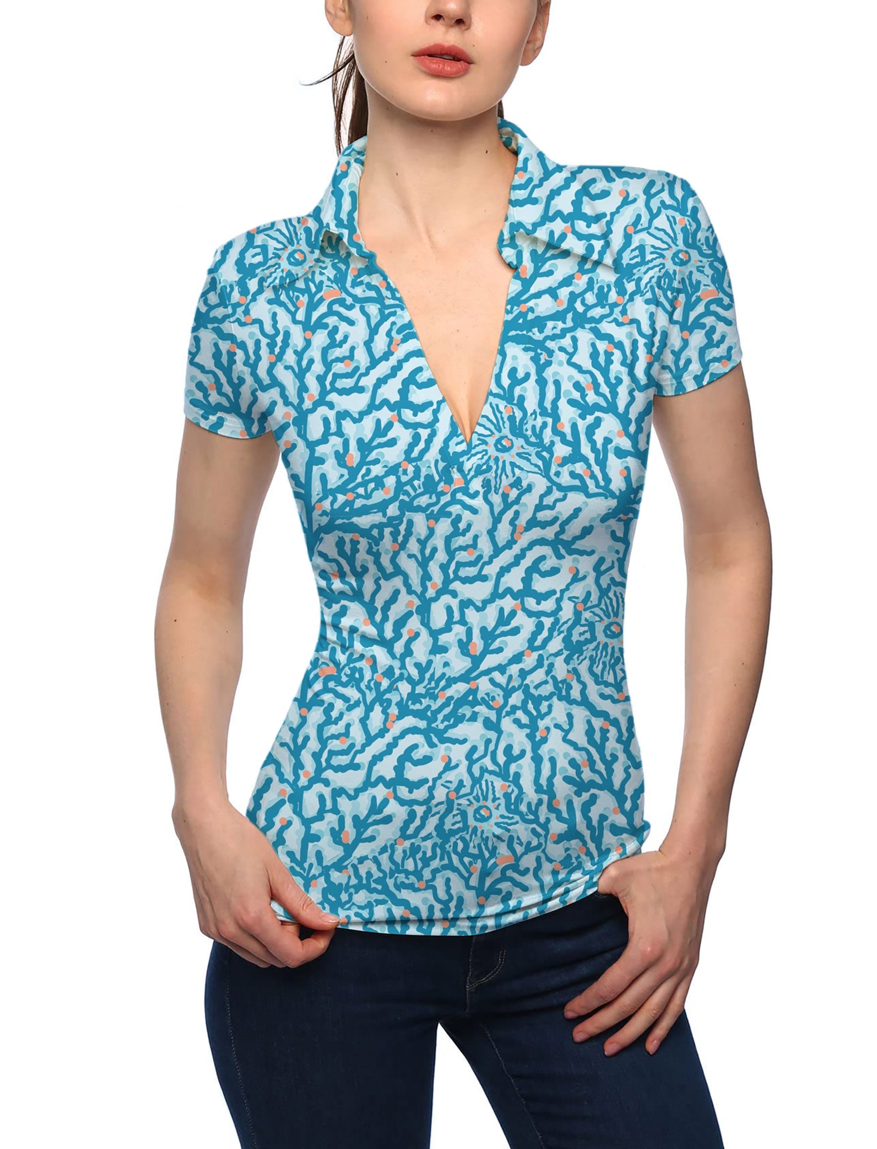 Women's Electric Corals V Neck Golf Polo