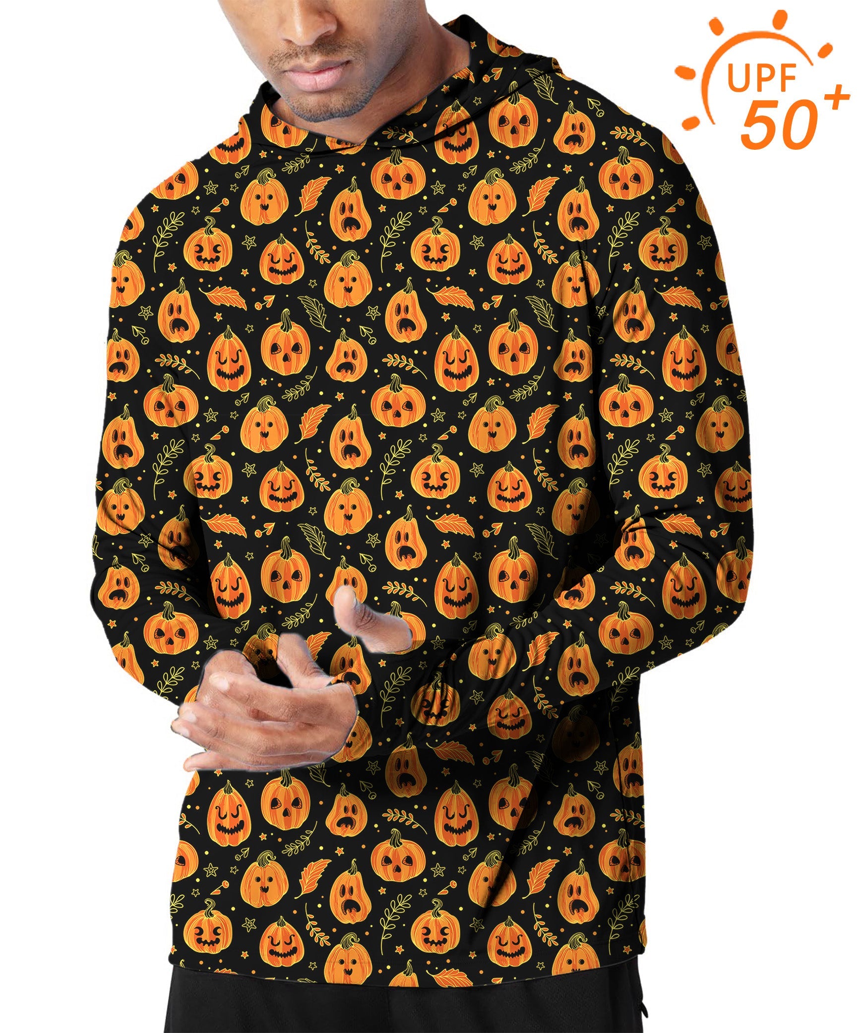 Men's slim fit Halloween pumpkin and bones golf hoodie with UPF 50+ sun protection