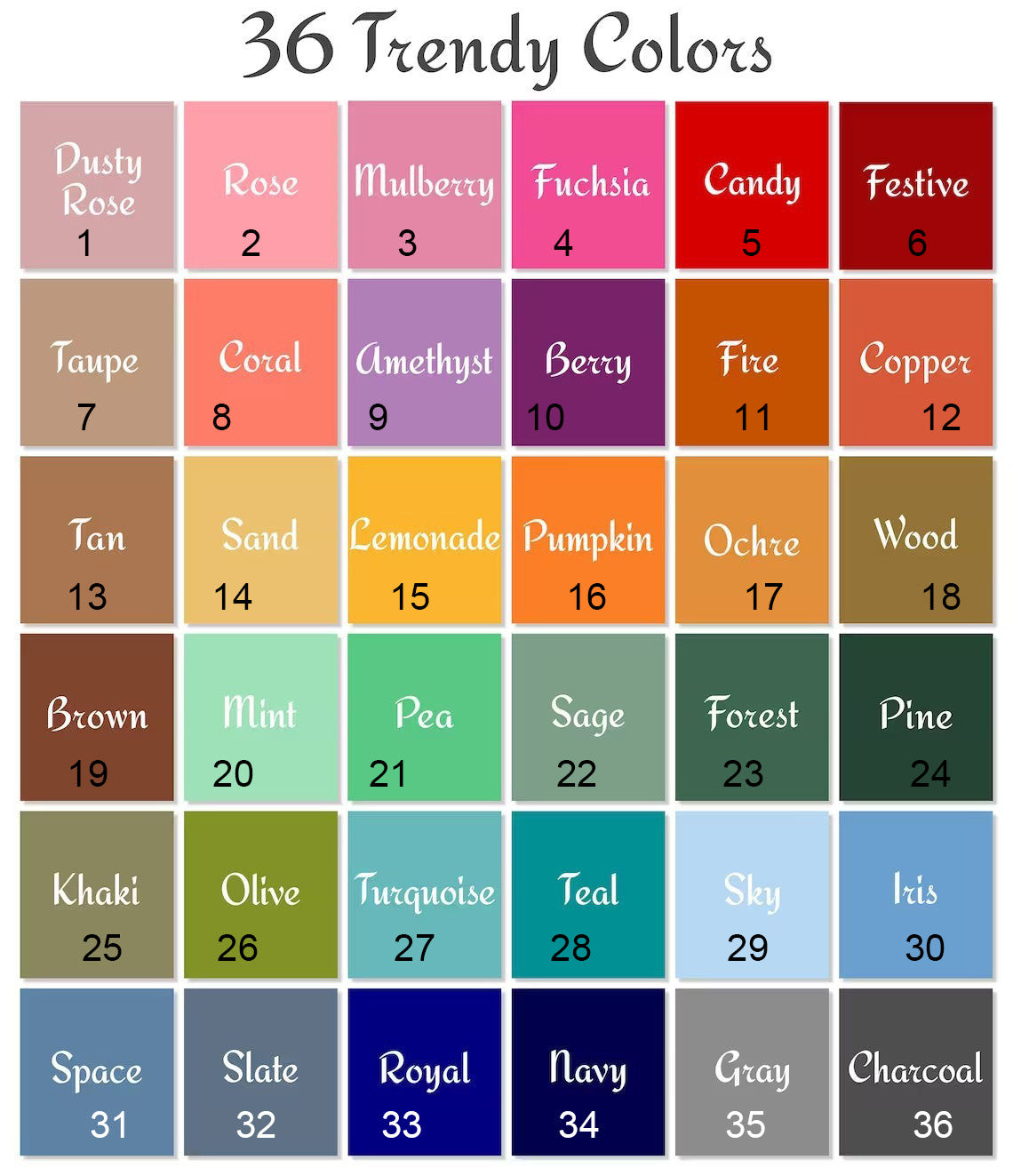 Color palette chart with 36 trendy color options for custom golf pullover sweaters