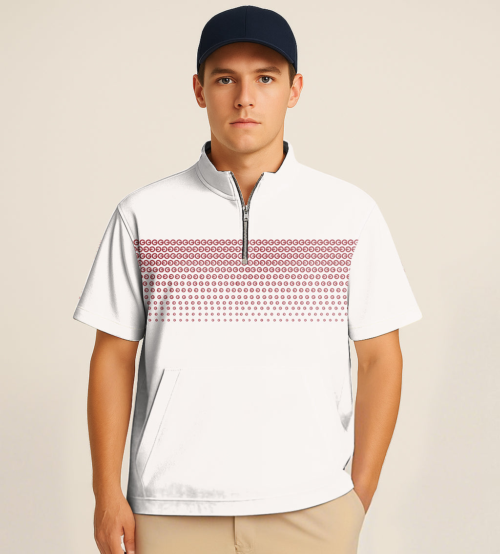 Man wearing white half zipper turtleneck golf short shirt with red G embroidery and beige pants