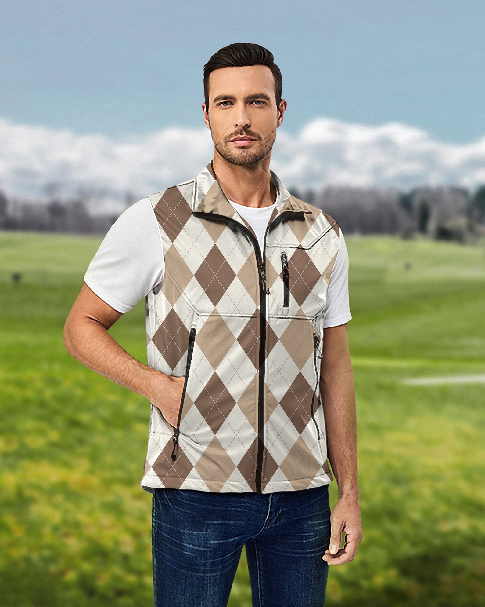Men's brown Argyle lightweight softshell vest sleeveless jacket for golf, windproof and waterproof.