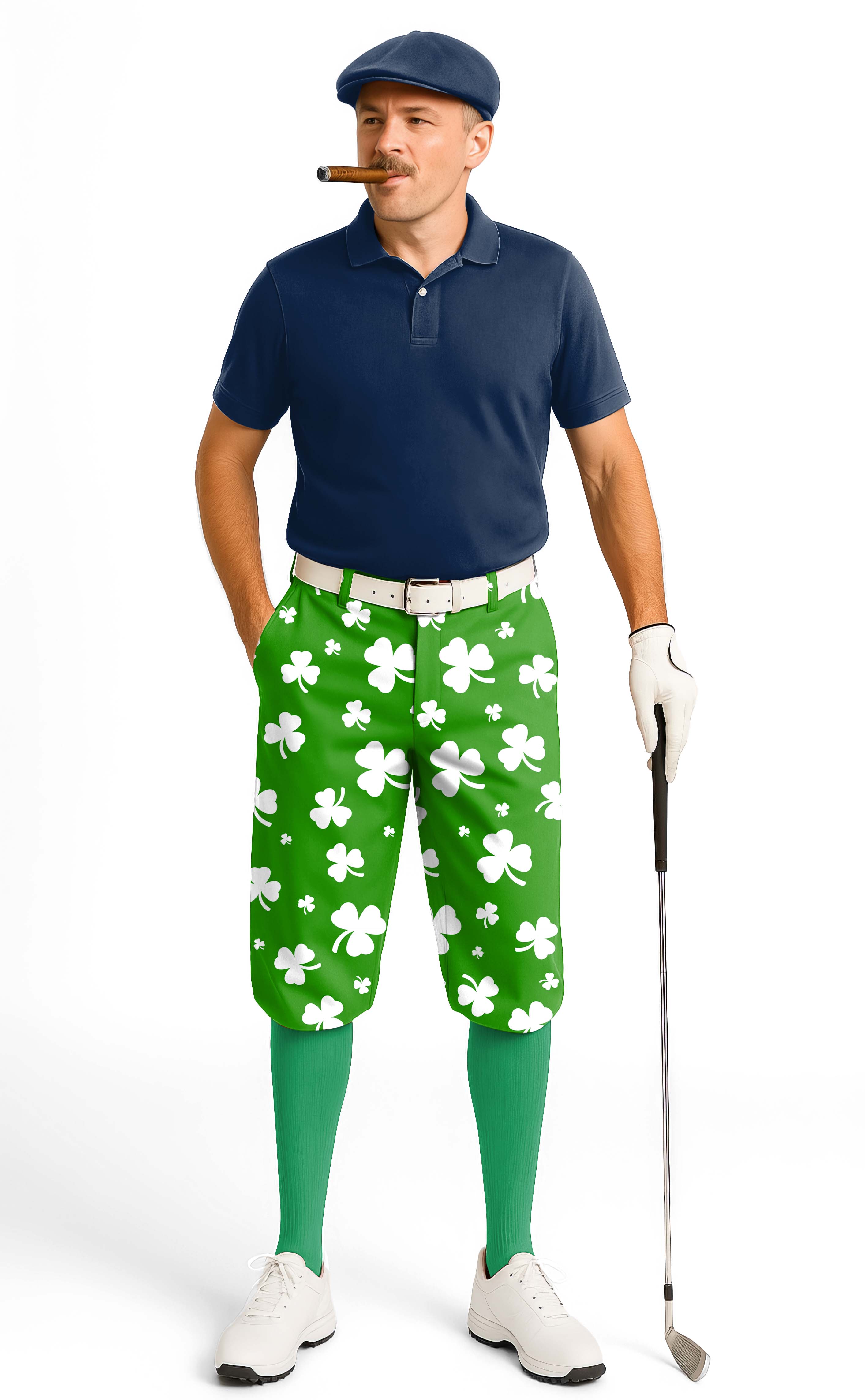 Men's golf knickers with green leaf clover St. Patrick's design and snug ankle cuffs