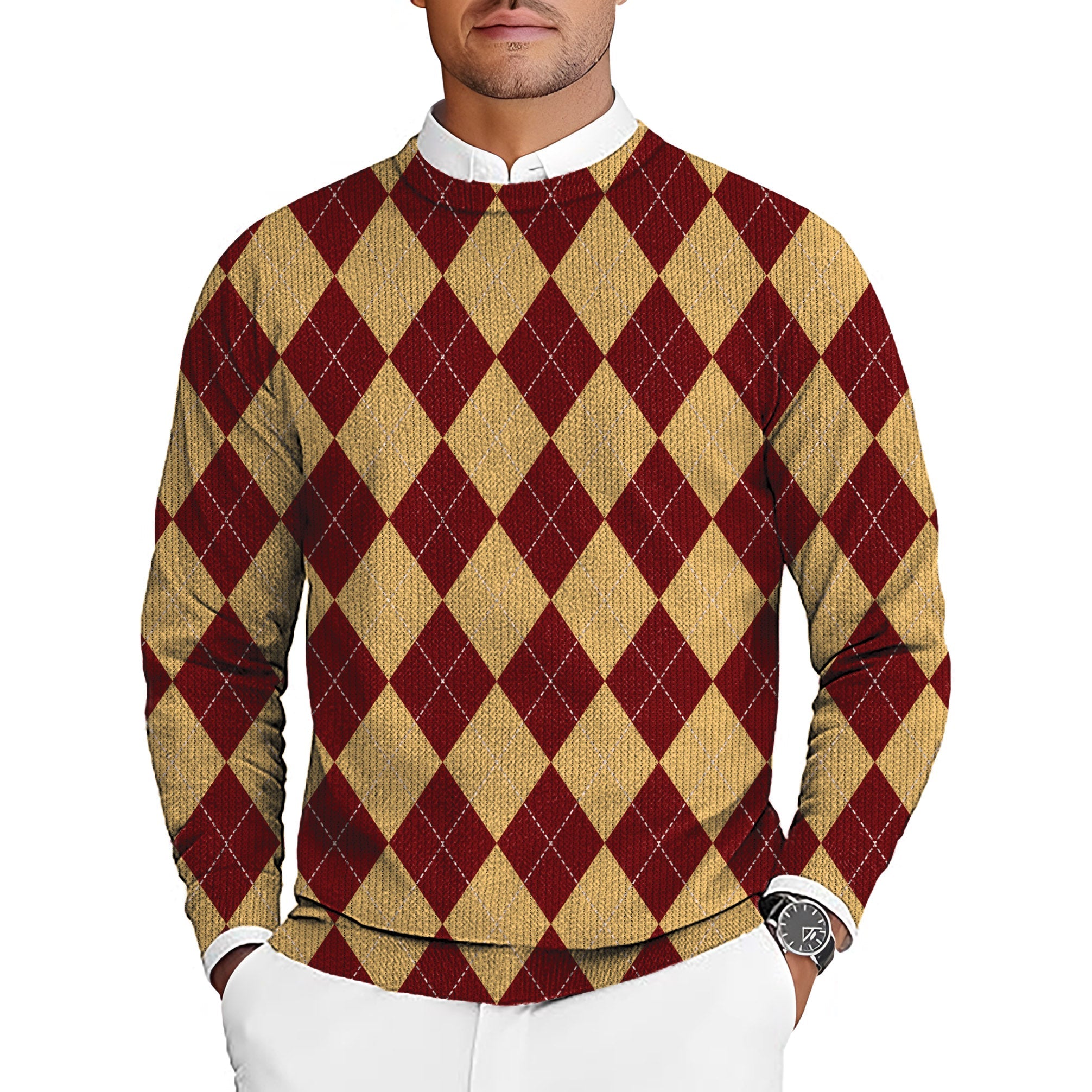 yellow red Argyle men's golf crewneck pullover sweater with diamond pattern