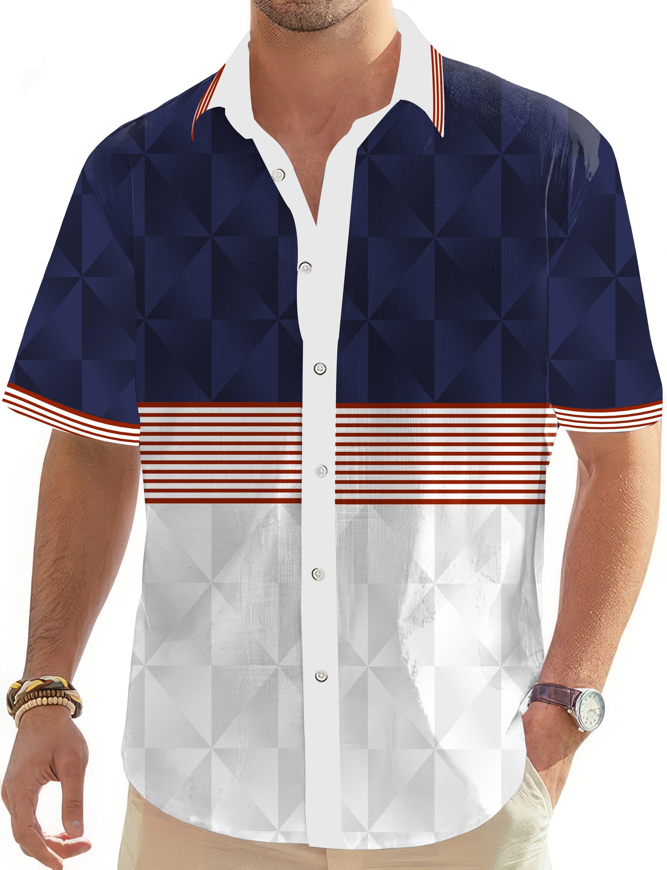 Men's Stripe Splicing button-down Hawaiian golf shirt with short sleeves and classic collar