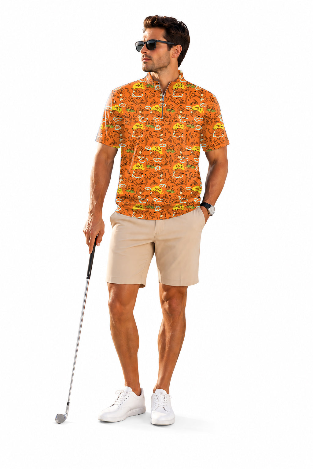 Men's Short Sleeve Quarter Zip Golf Pullover Lazy fox Embroidery