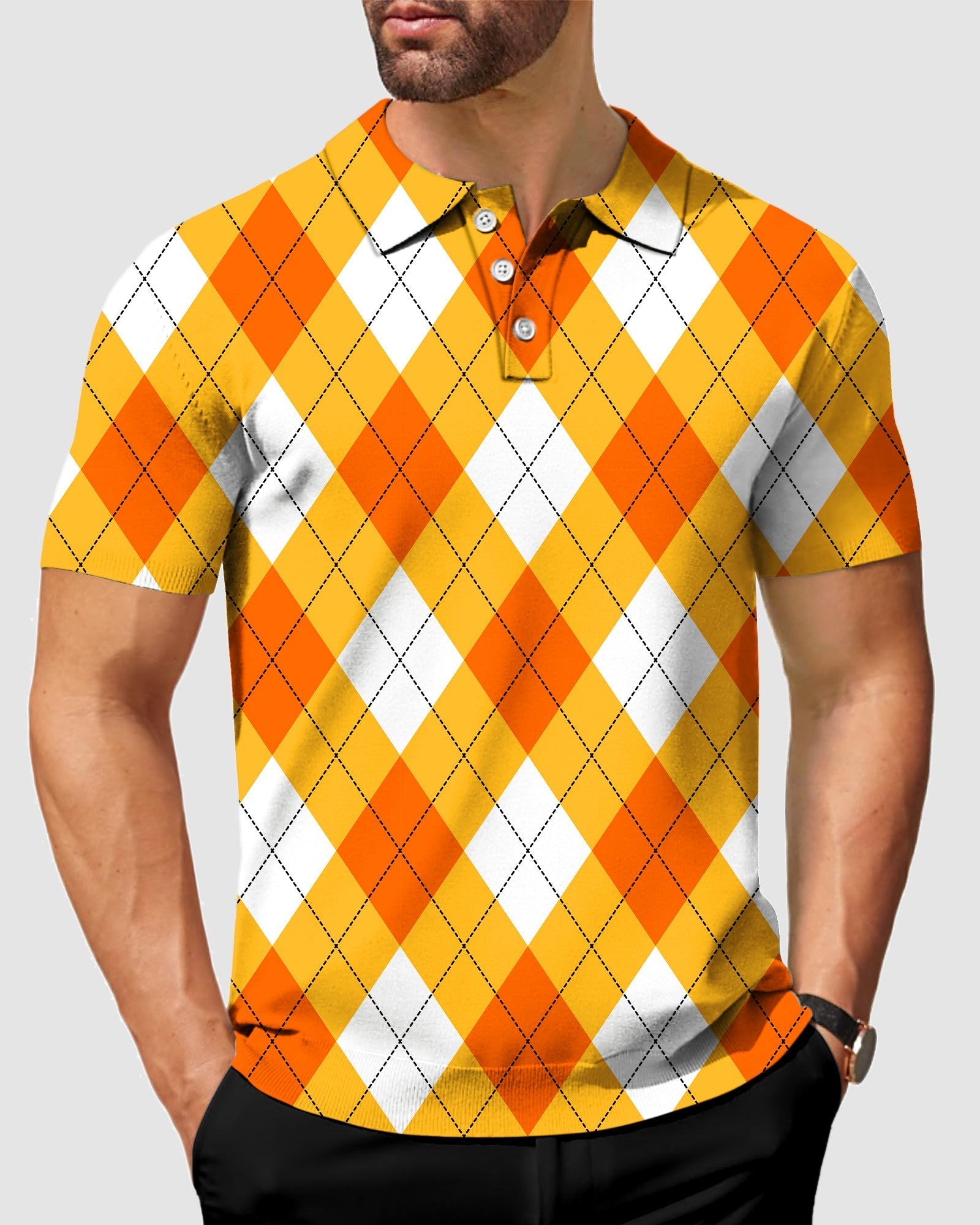 Men's Halloween Cross orange white argyle polo shirt with four-way stretch and moisture-wicking fabric